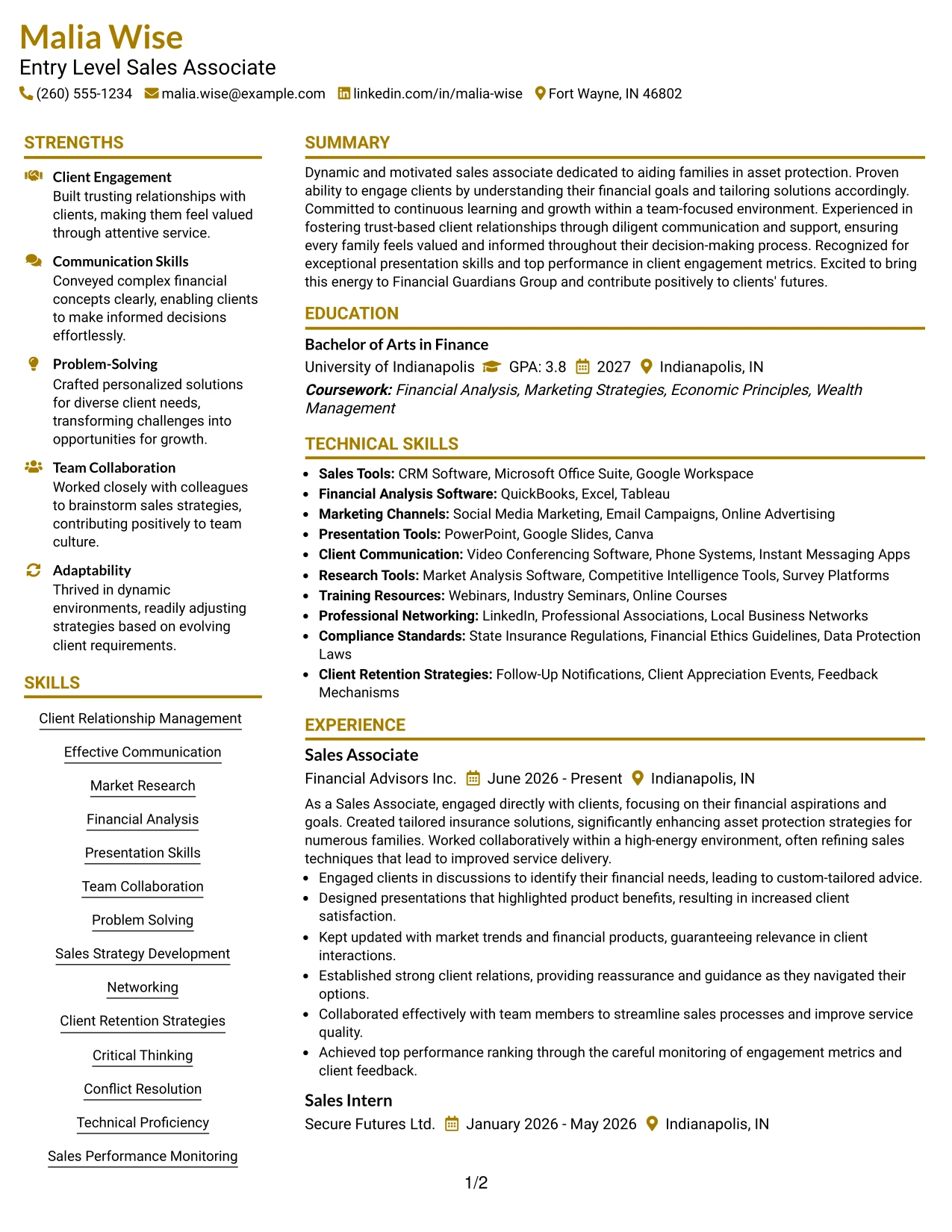 Resume Example Page 1