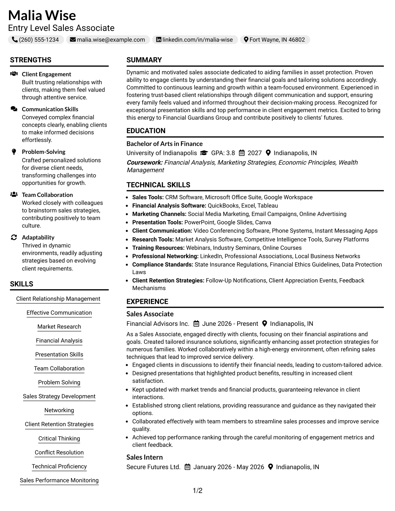 Resume Example Page 1