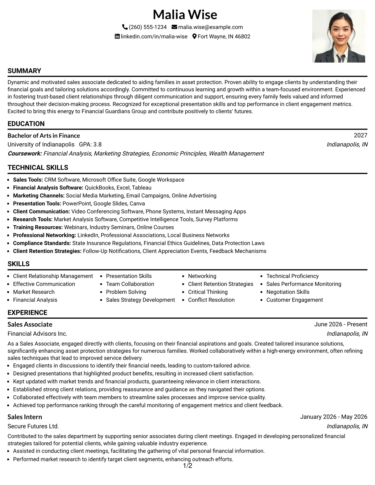 Resume Example Page 1