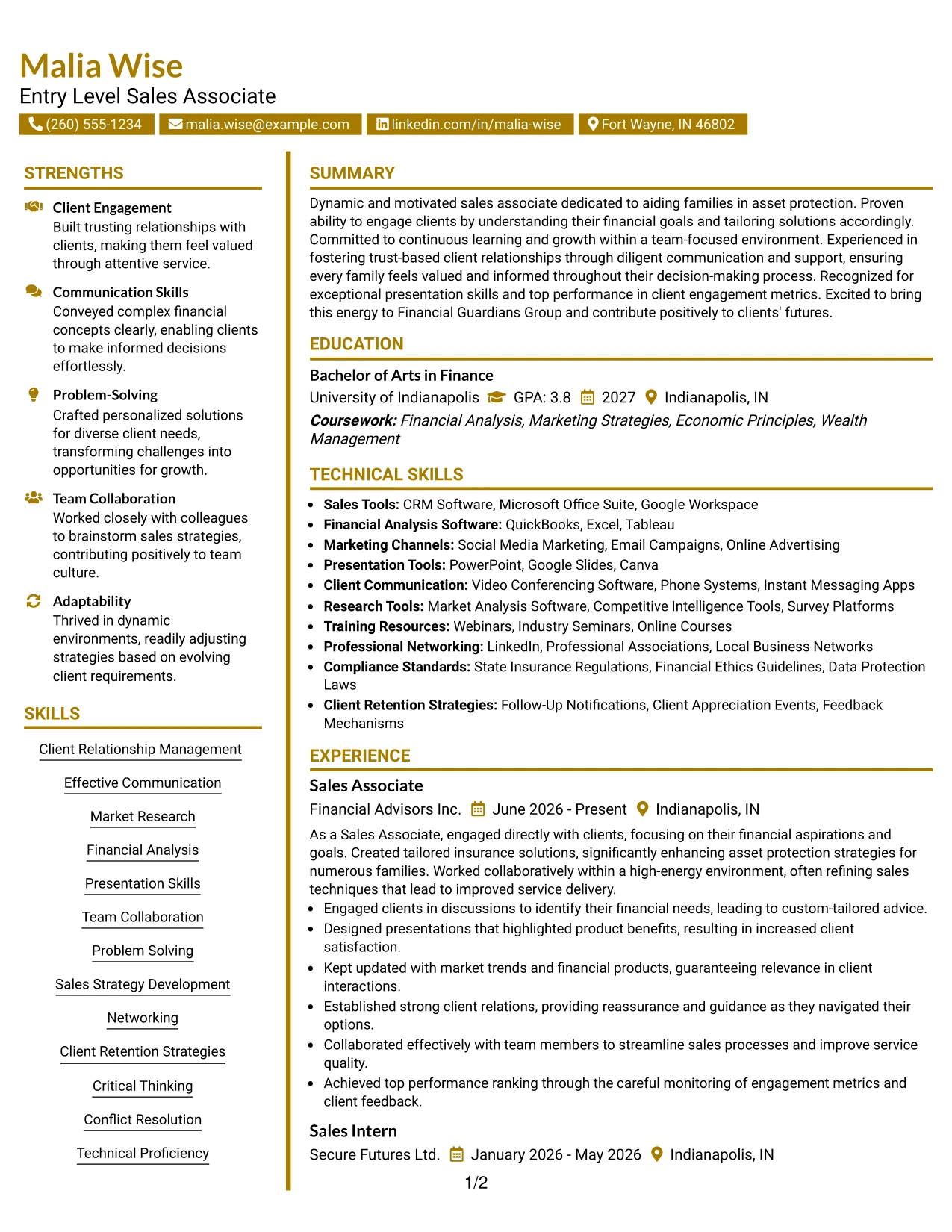 Resume Example Page 1