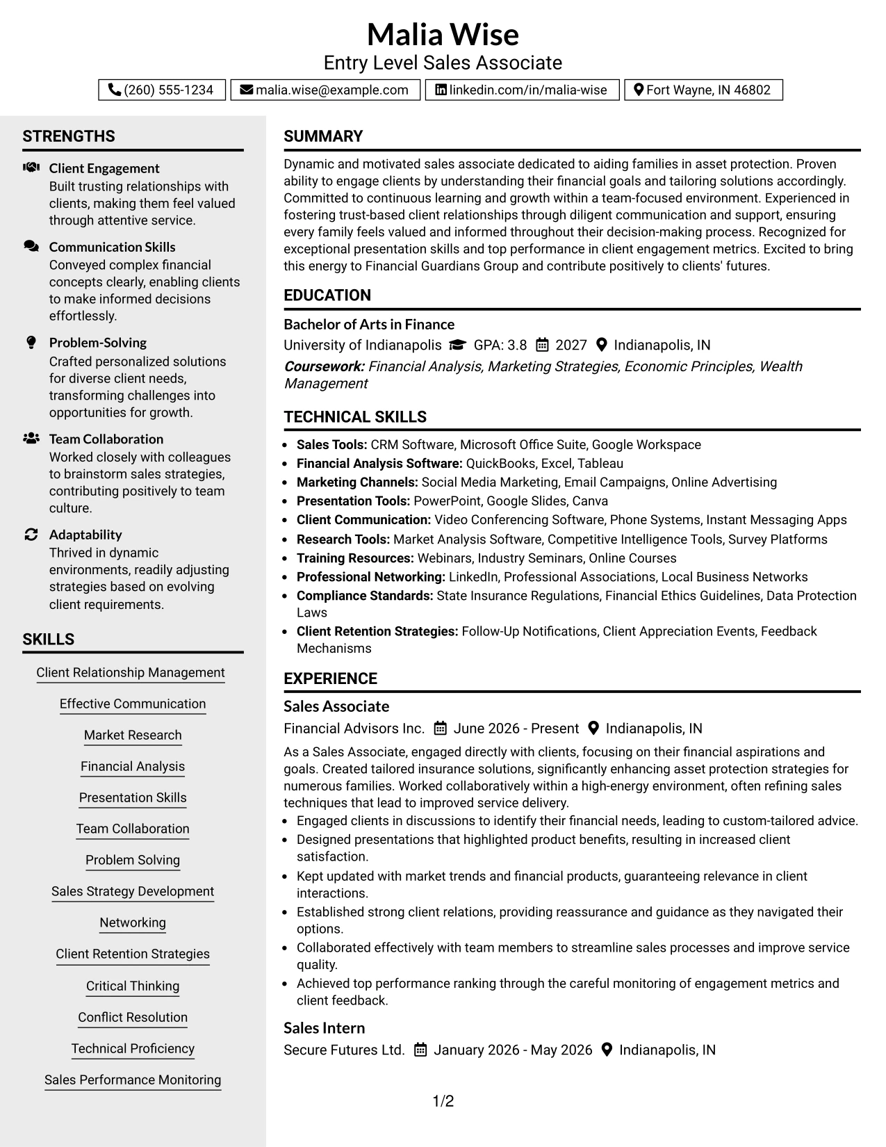 Resume Example Page 1