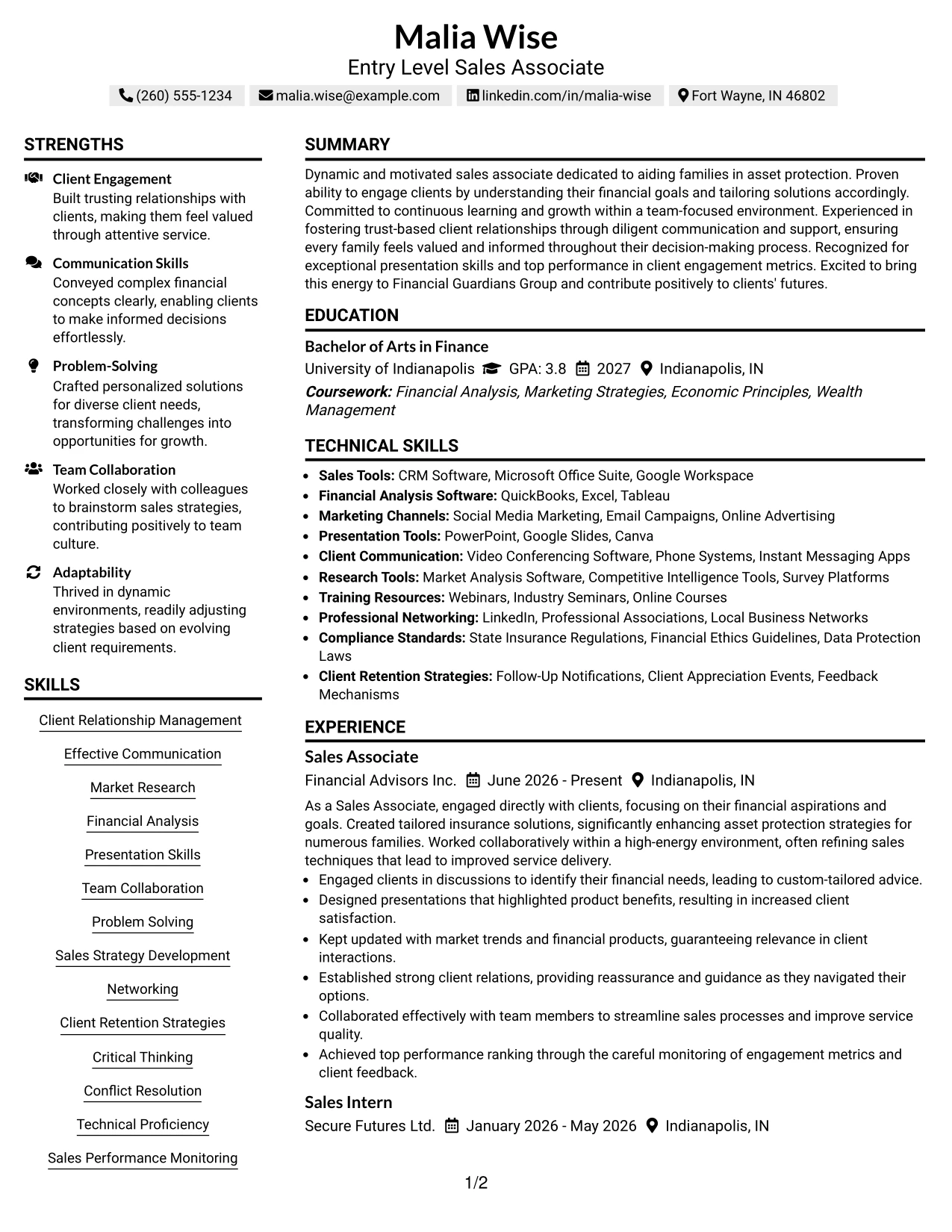 Resume Example Page 1
