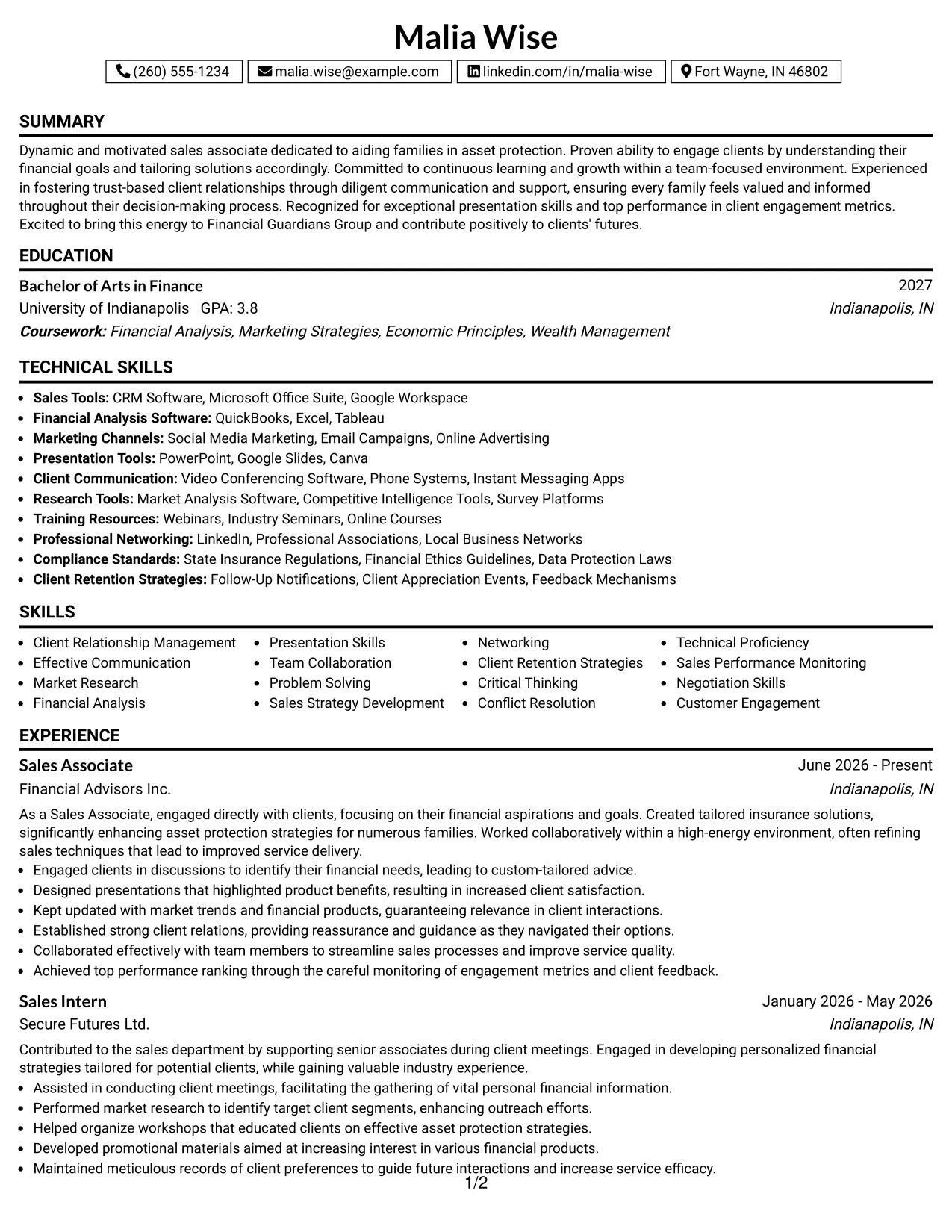 Resume Example Page 1