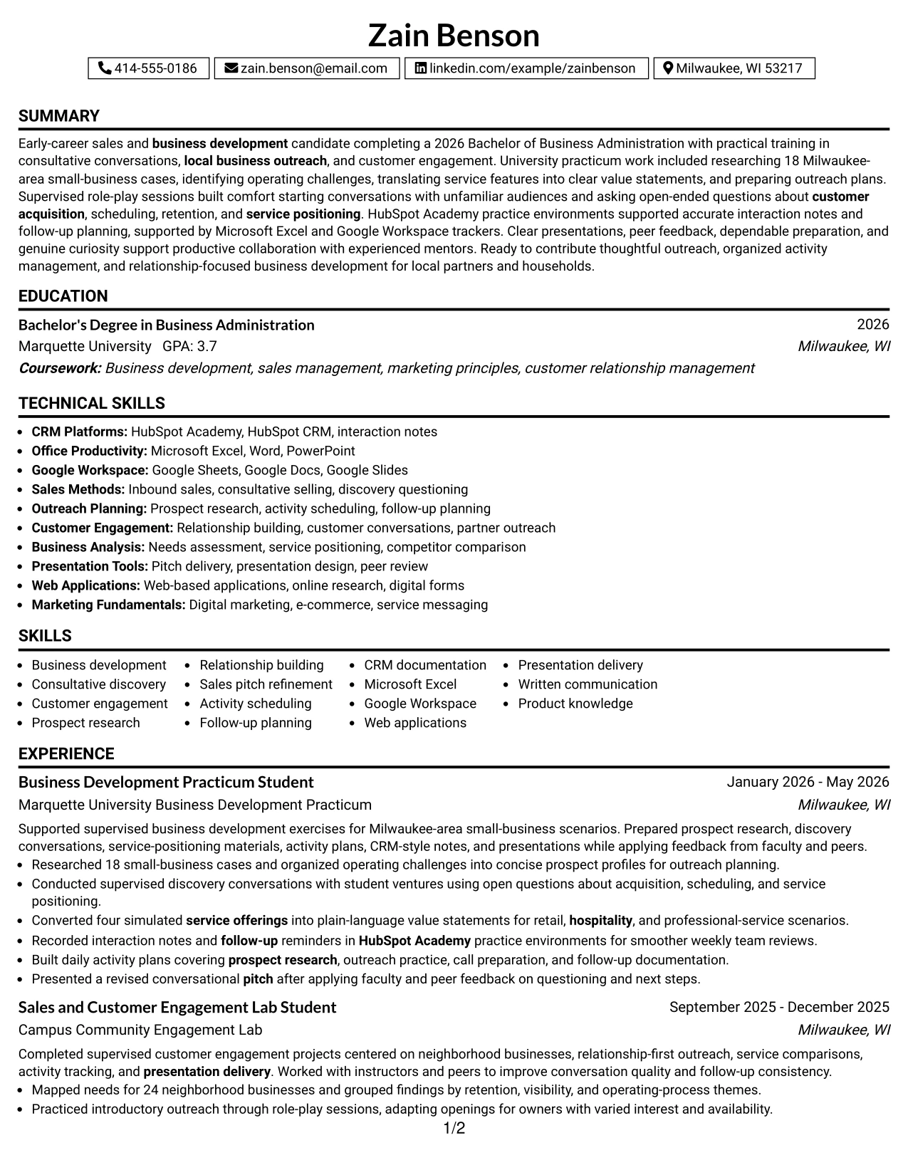 Resume Example Page 1