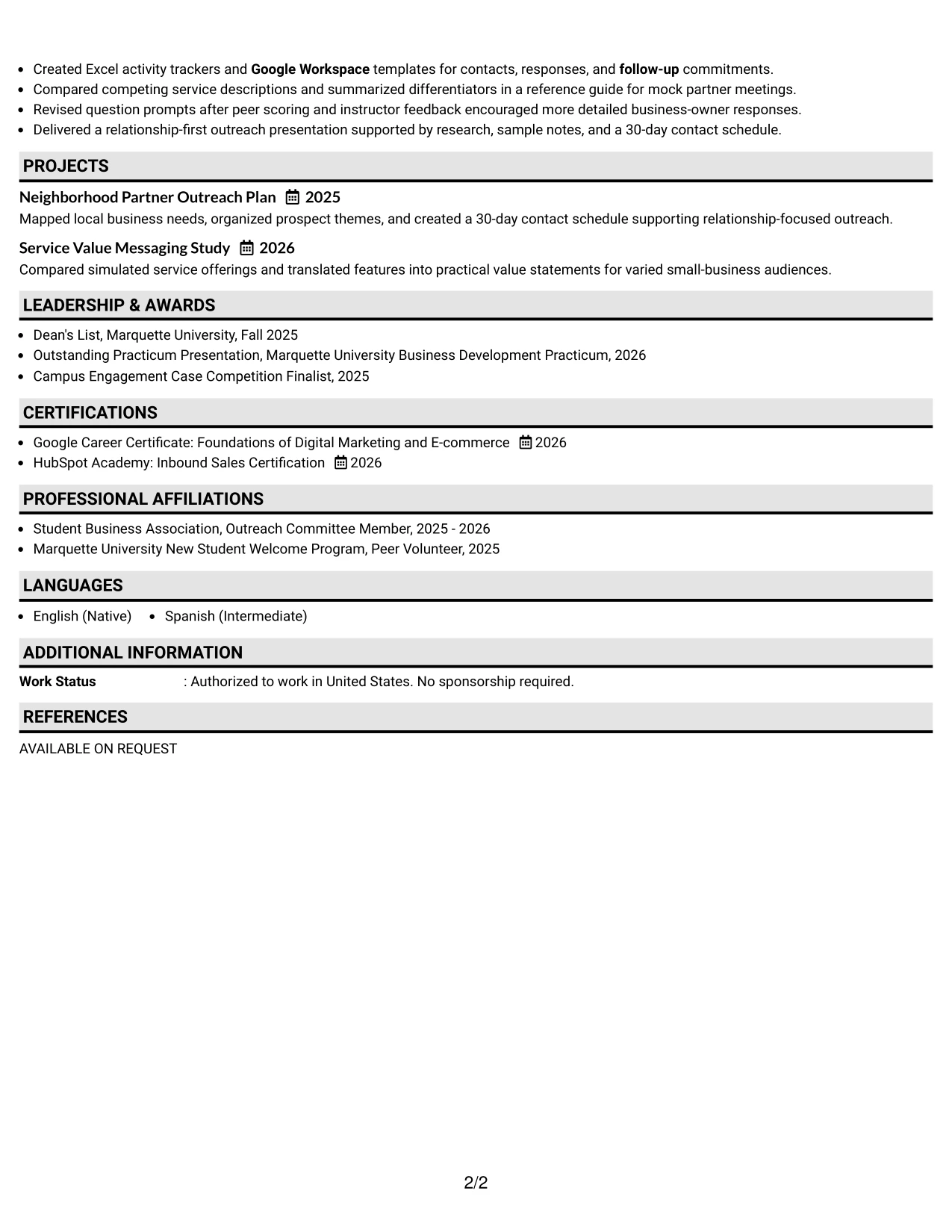 Resume Example Page 2