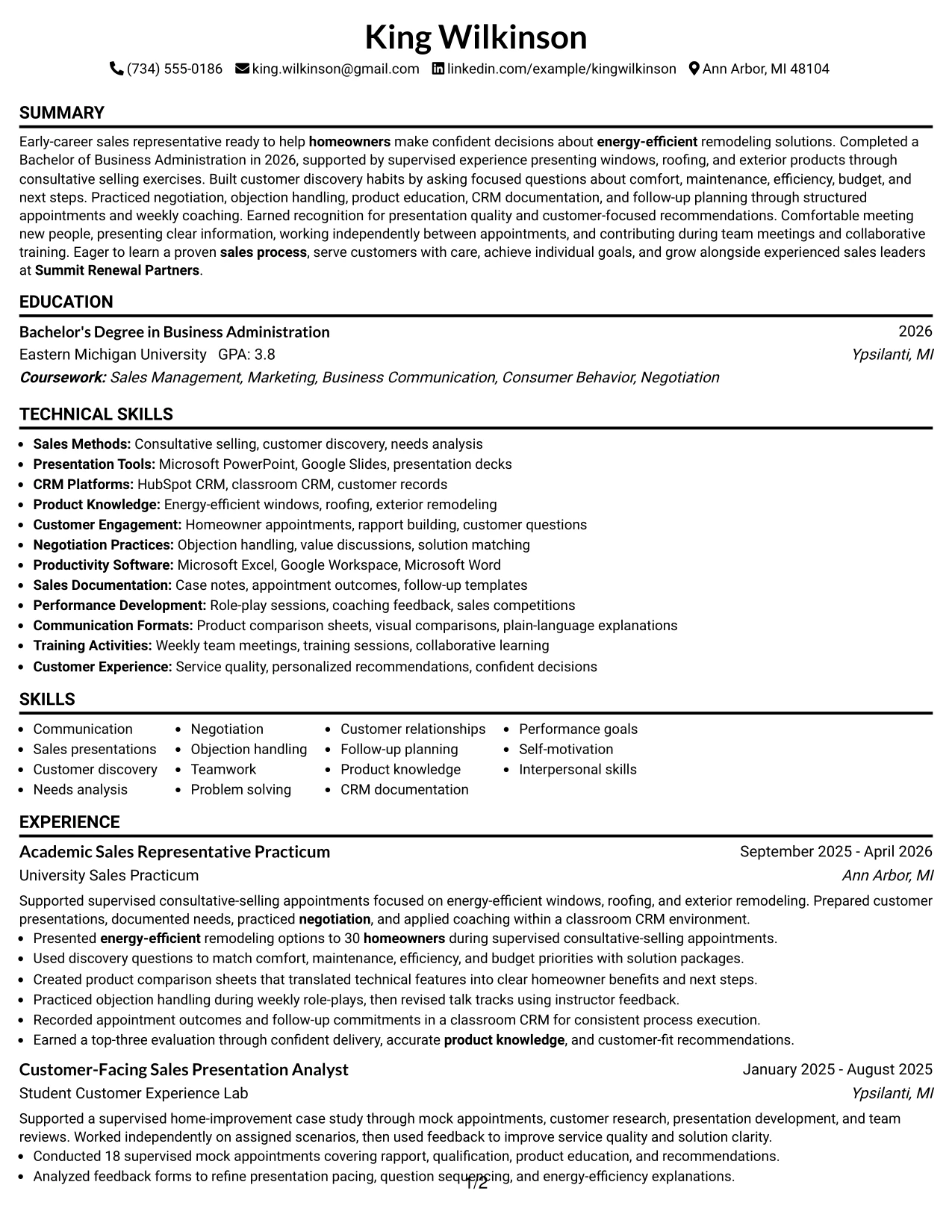 Resume Example Page 1
