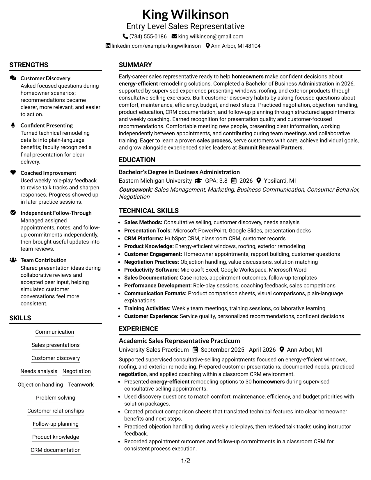 Resume Example Page 1