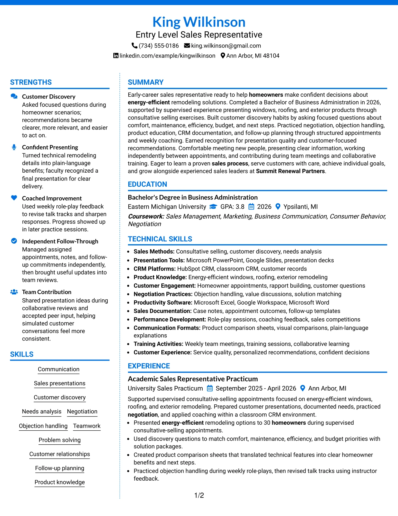 Resume Example Page 1