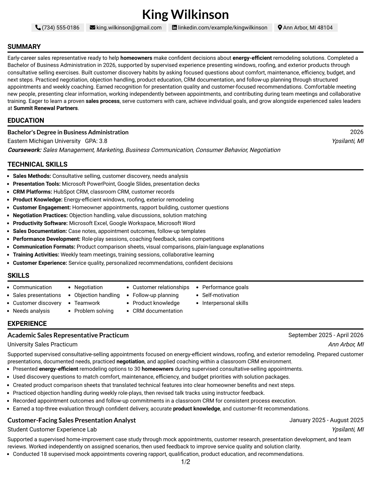 Resume Example Page 1