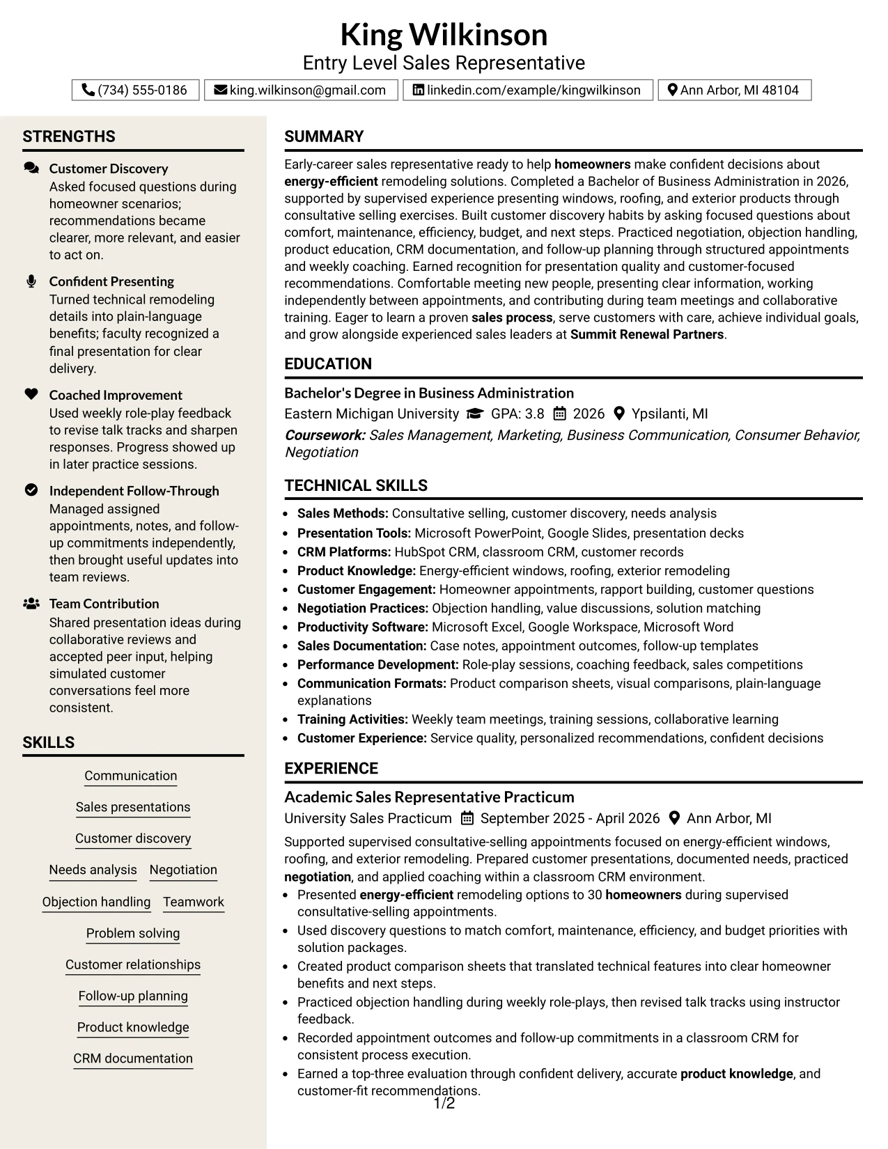Resume Example Page 1
