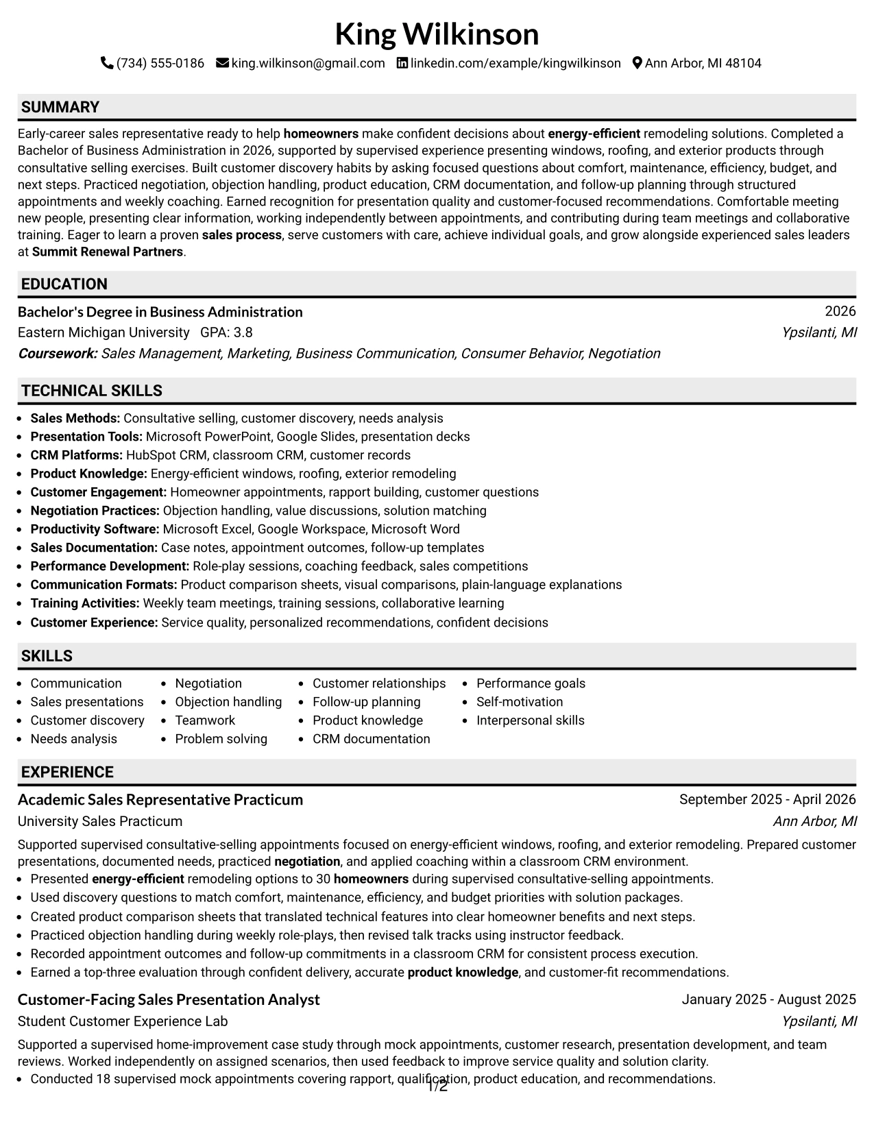Resume Example Page 1