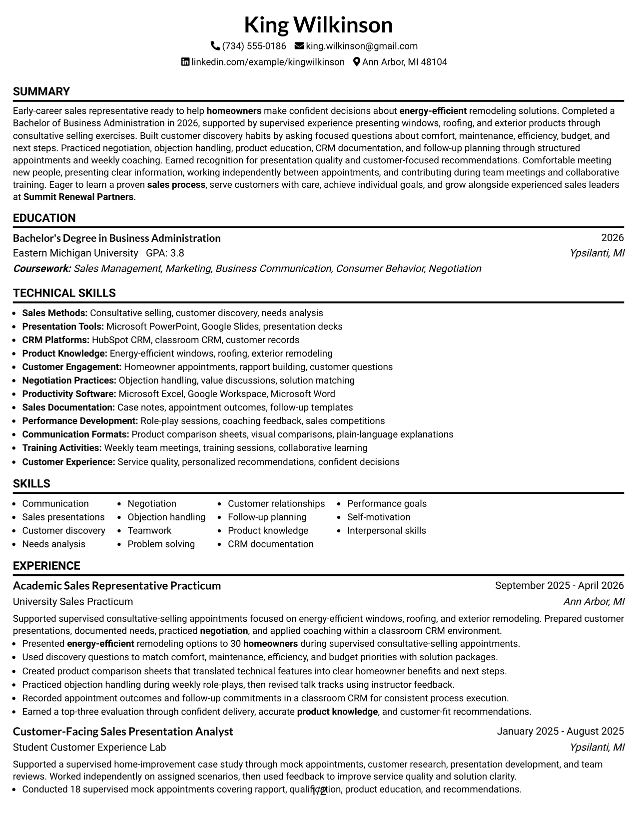 Resume Example Page 1