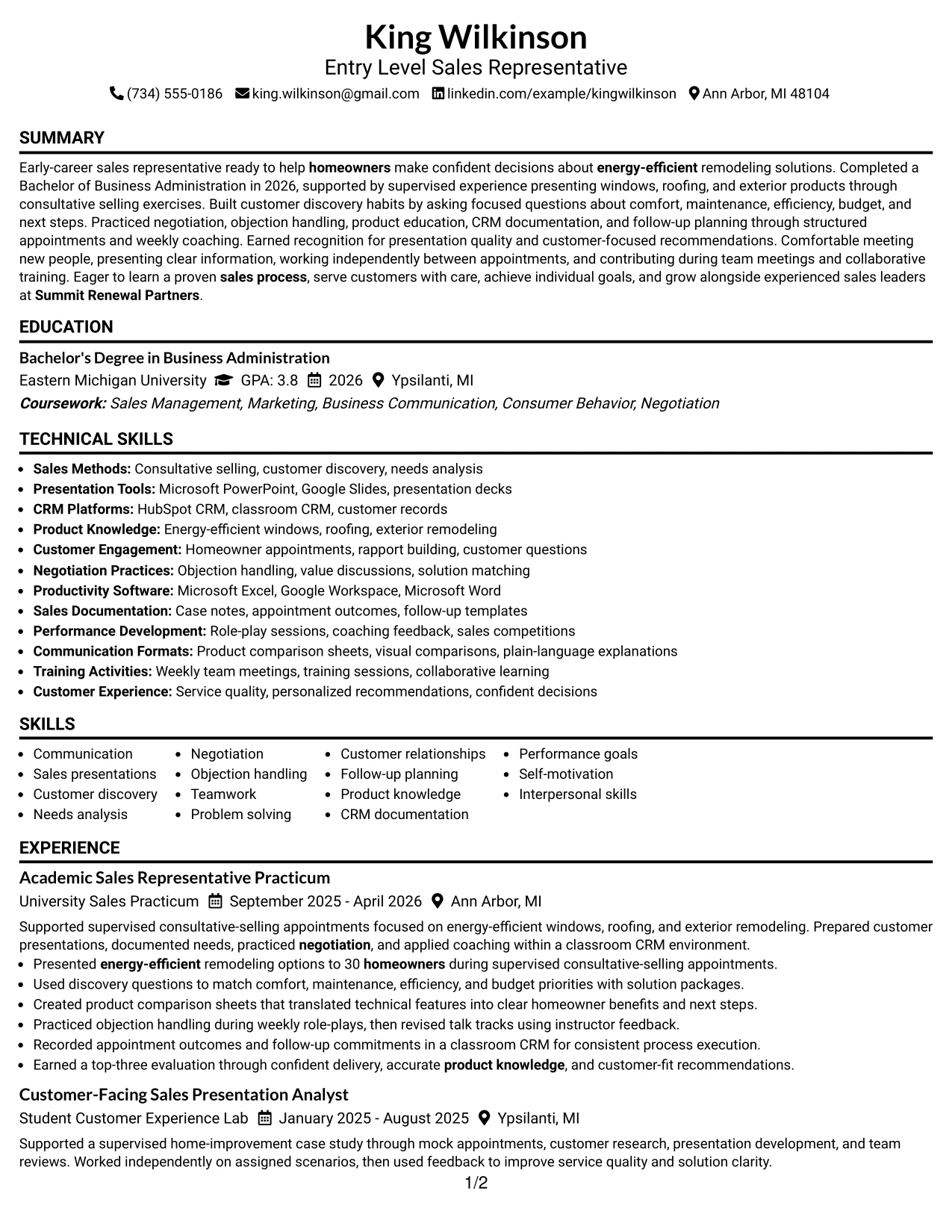 Resume Example Page 1