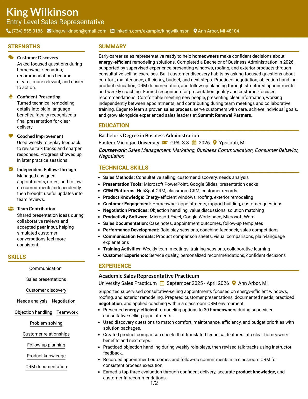 Resume Example Page 1