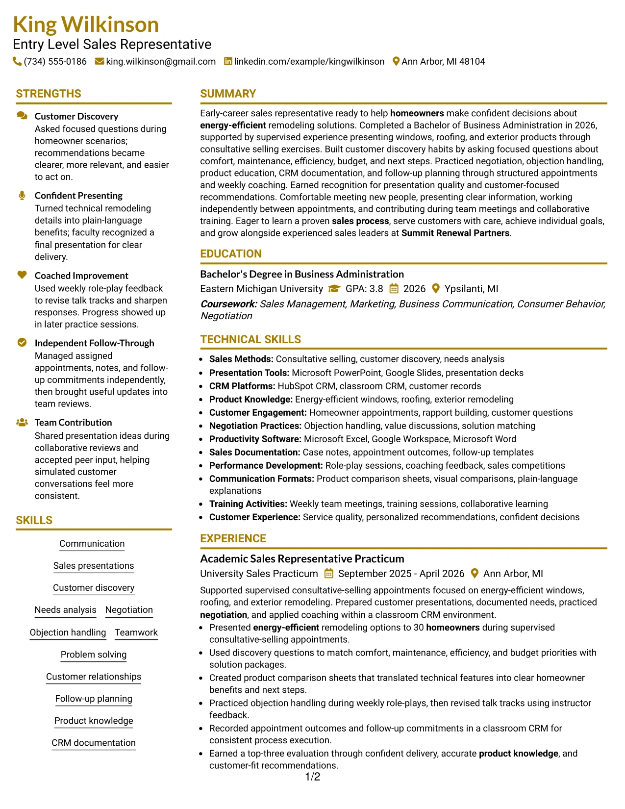 Resume Example Page 1