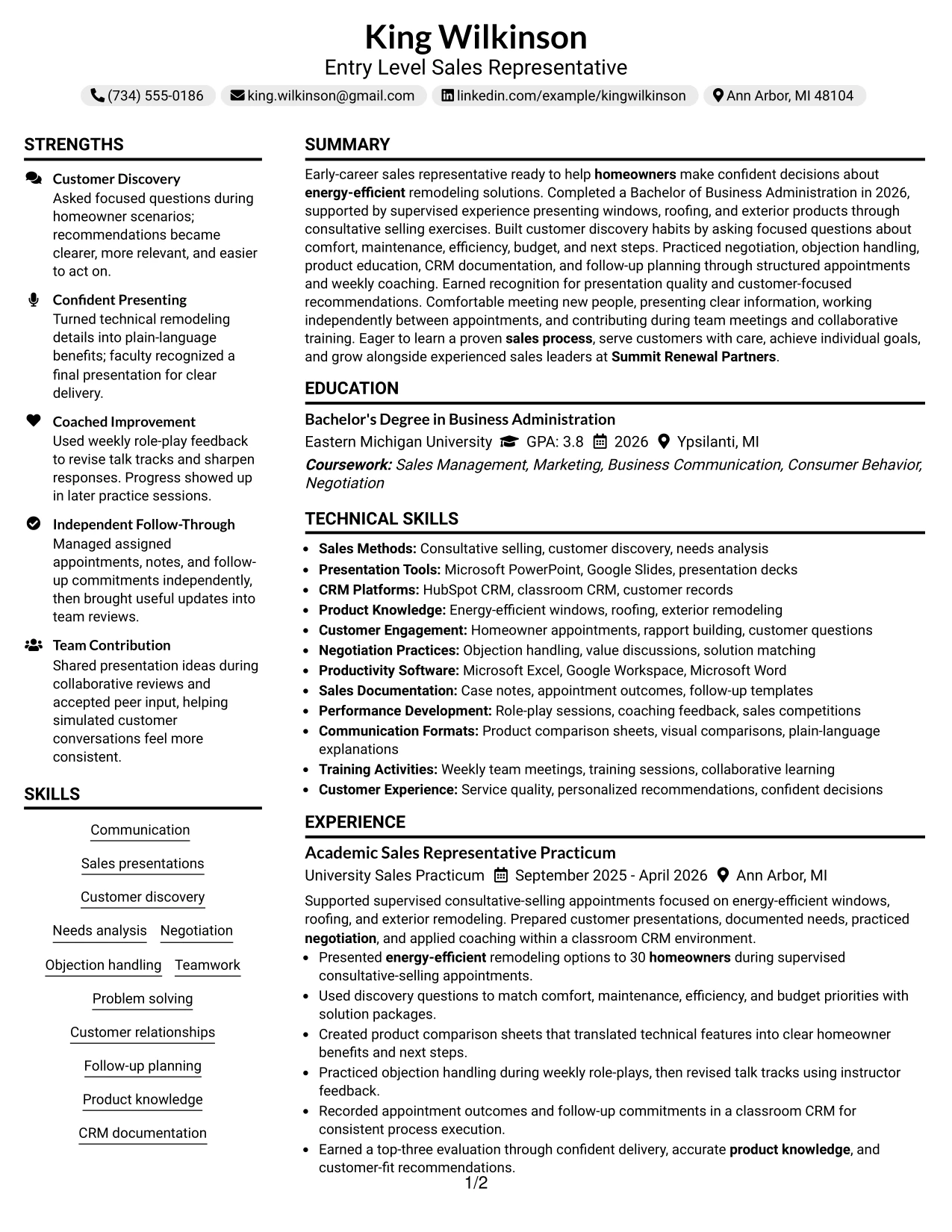 Resume Example Page 1