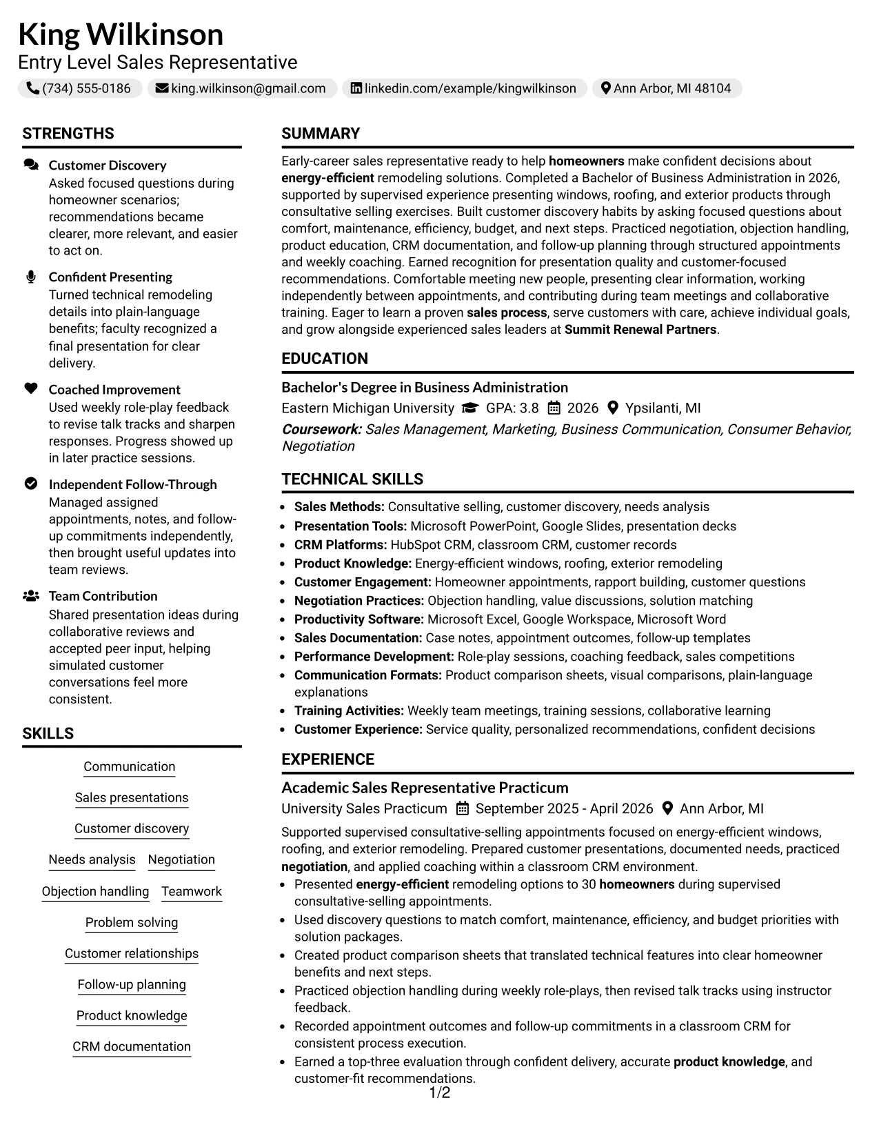Resume Example Page 1