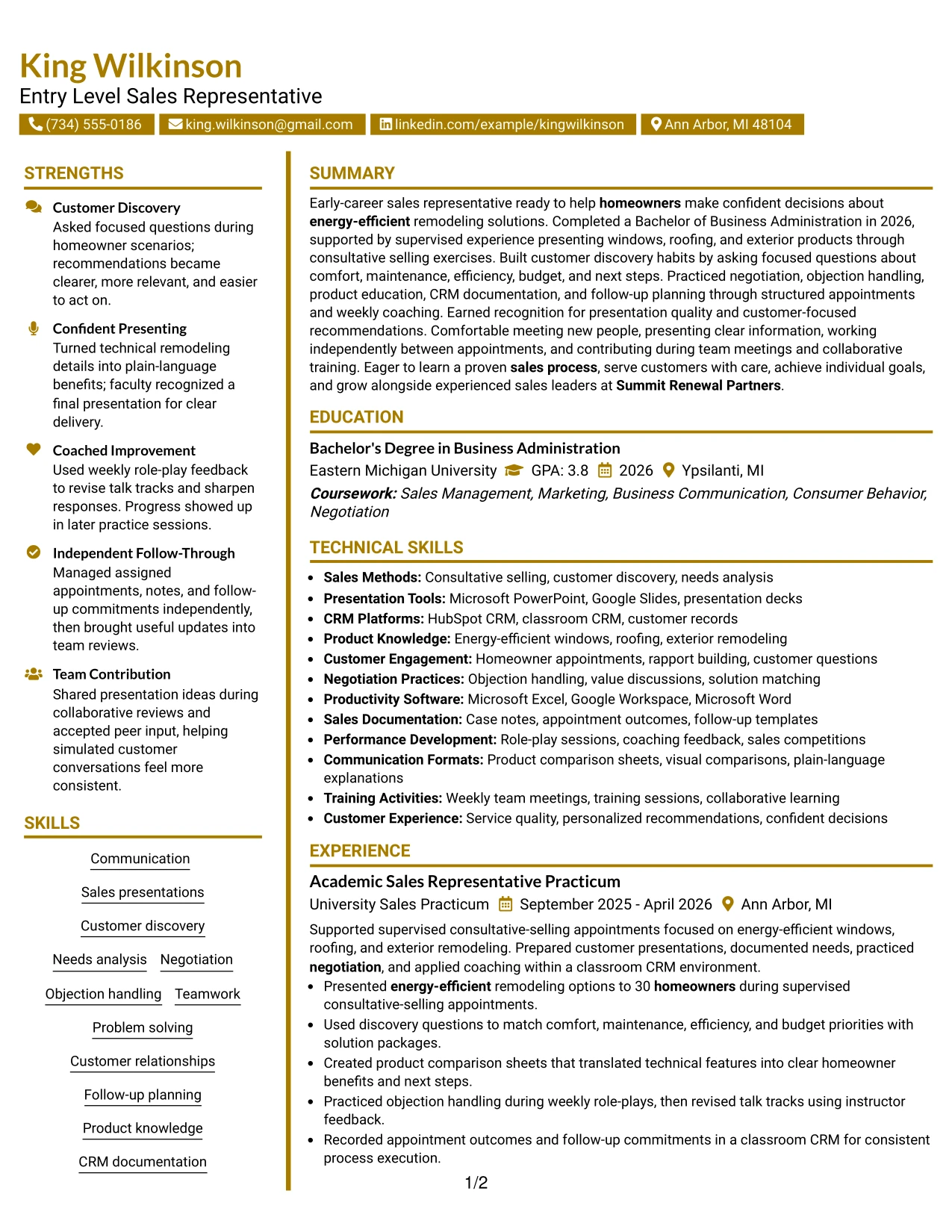 Resume Example Page 1