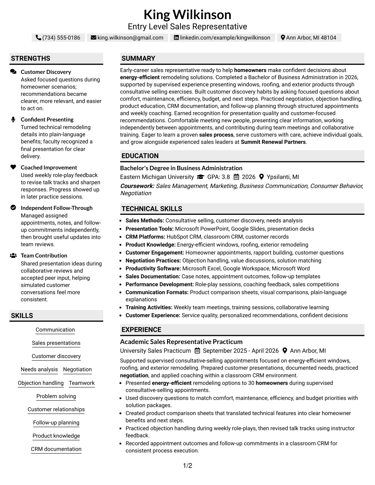 Resume Example Page 1