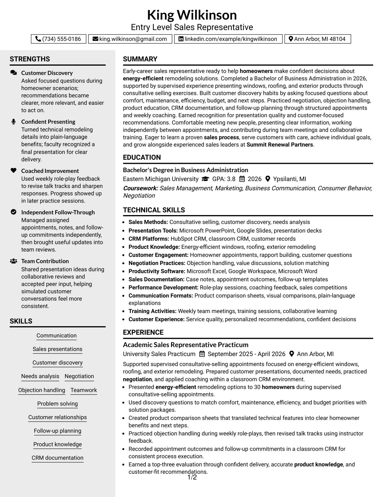 Resume Example Page 1