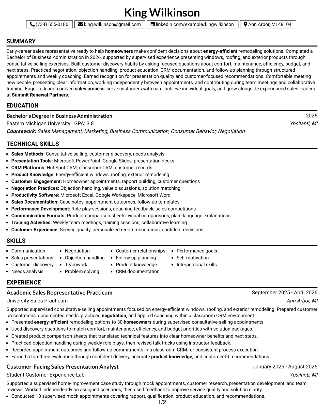 Resume Example Page 1