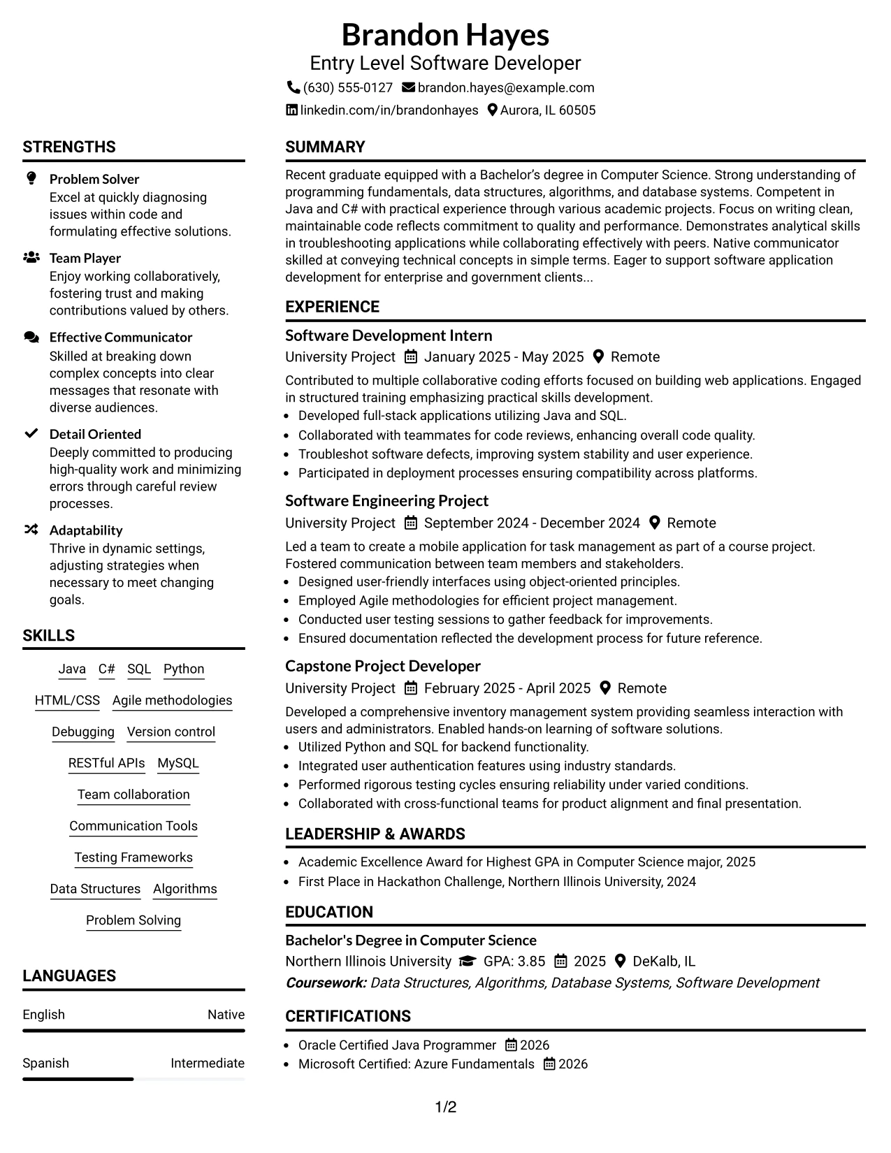 Resume Example Page 1