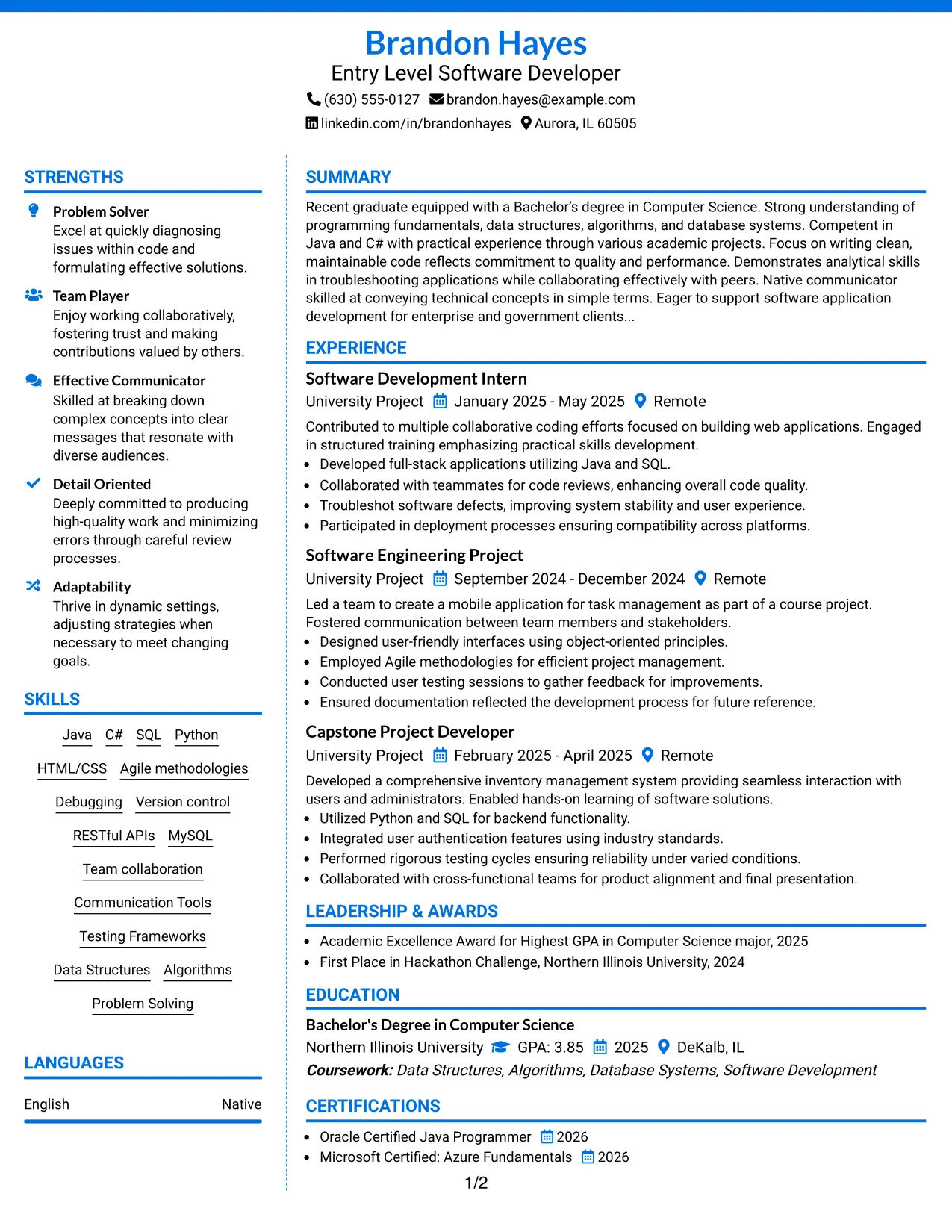 Resume Example Page 1