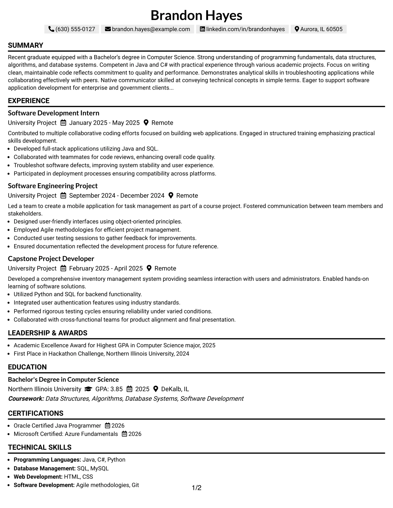Resume Example Page 1