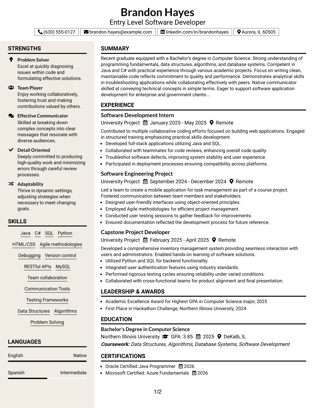 Resume Example Page 1