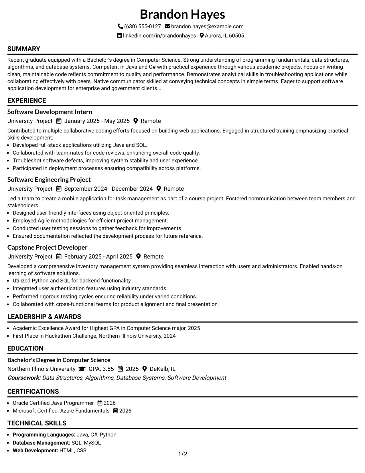 Resume Example Page 1