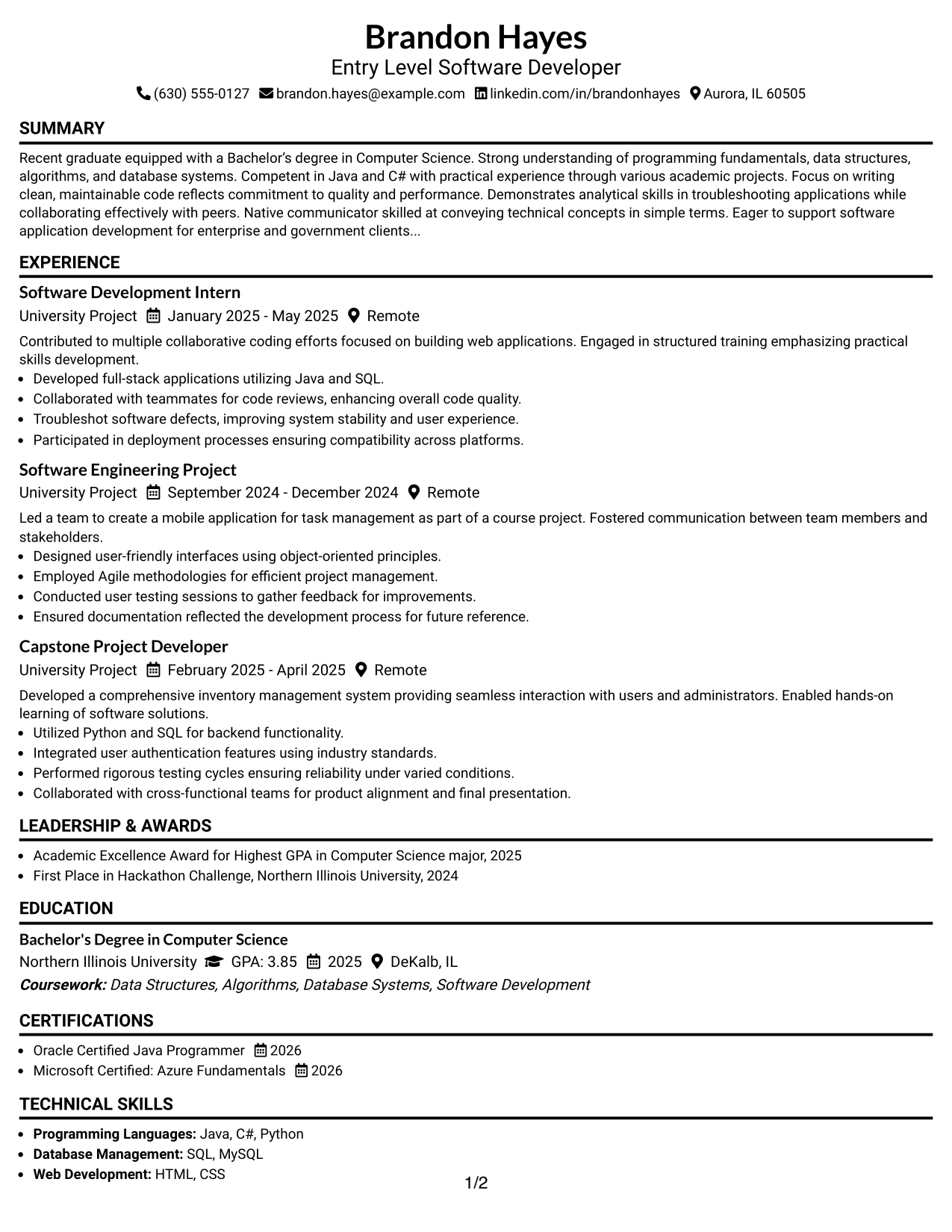 Resume Example Page 1