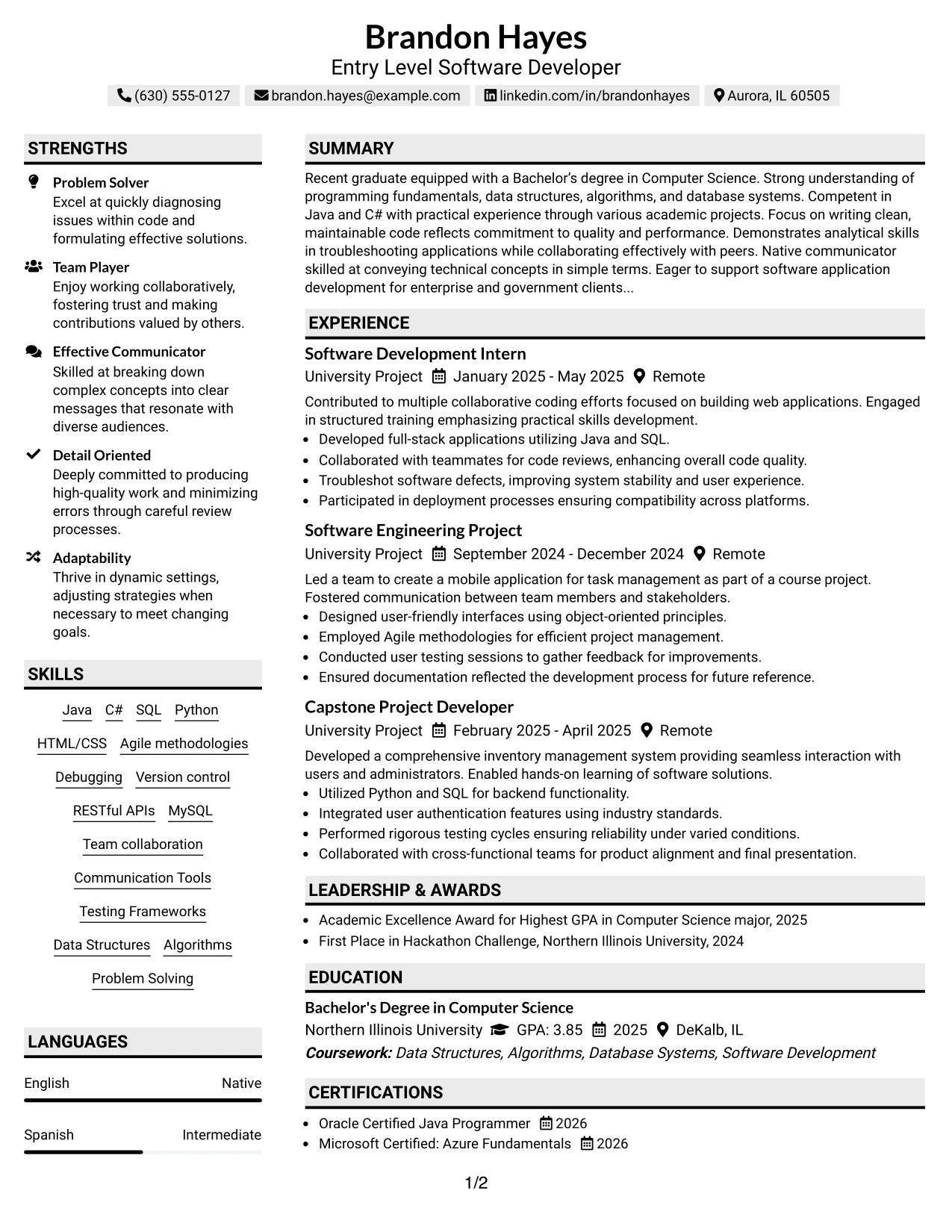 Resume Example Page 1