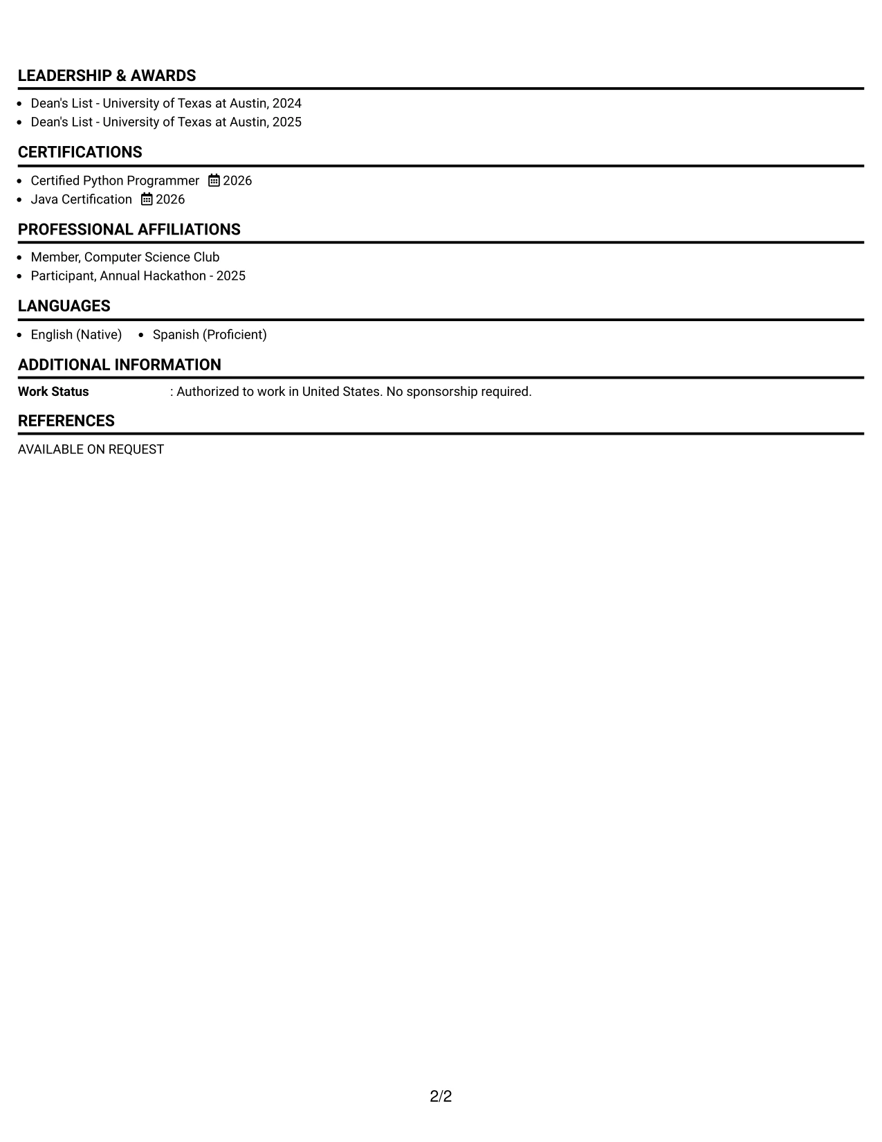 Resume Example Page 2
