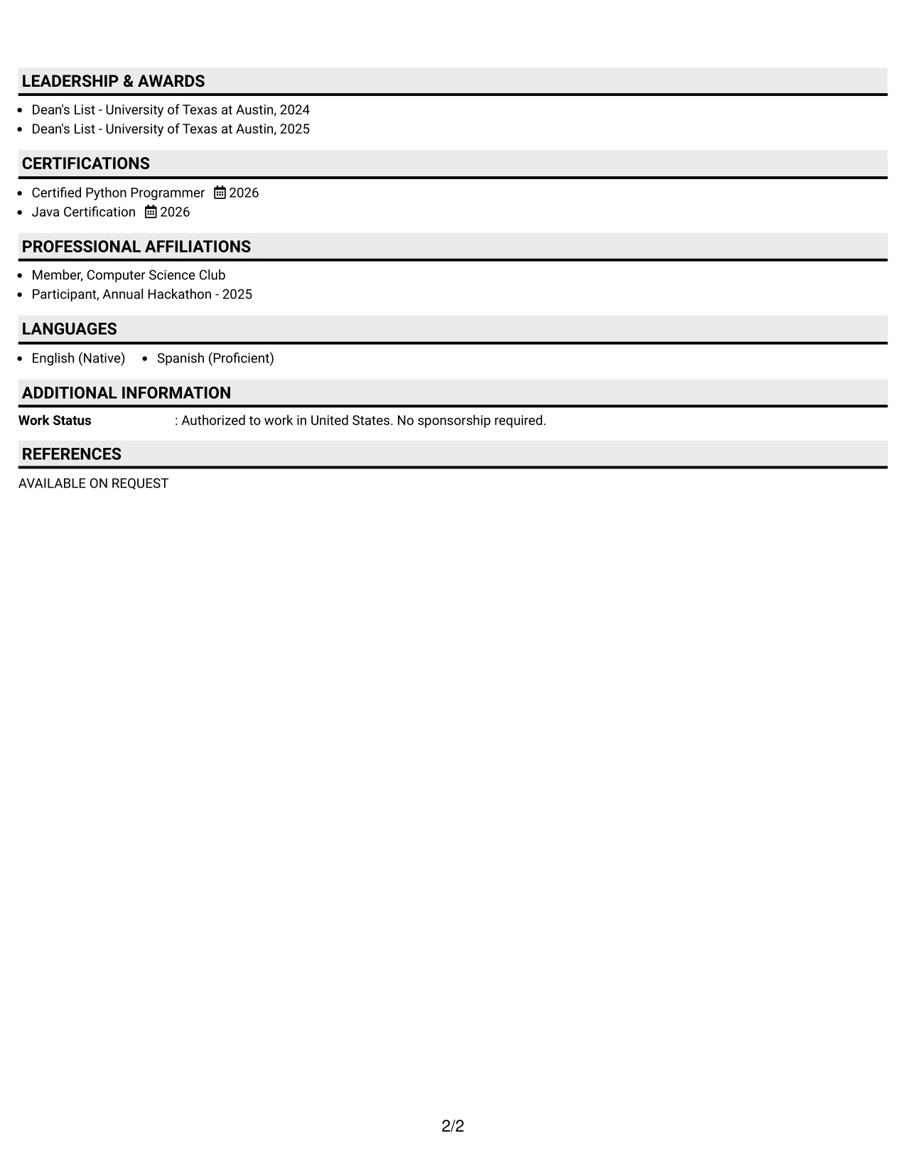 Resume Example Page 2
