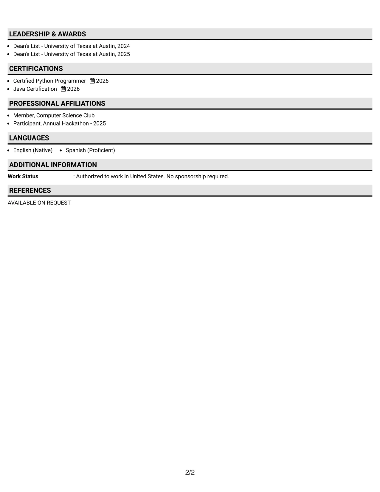 Resume Example Page 2