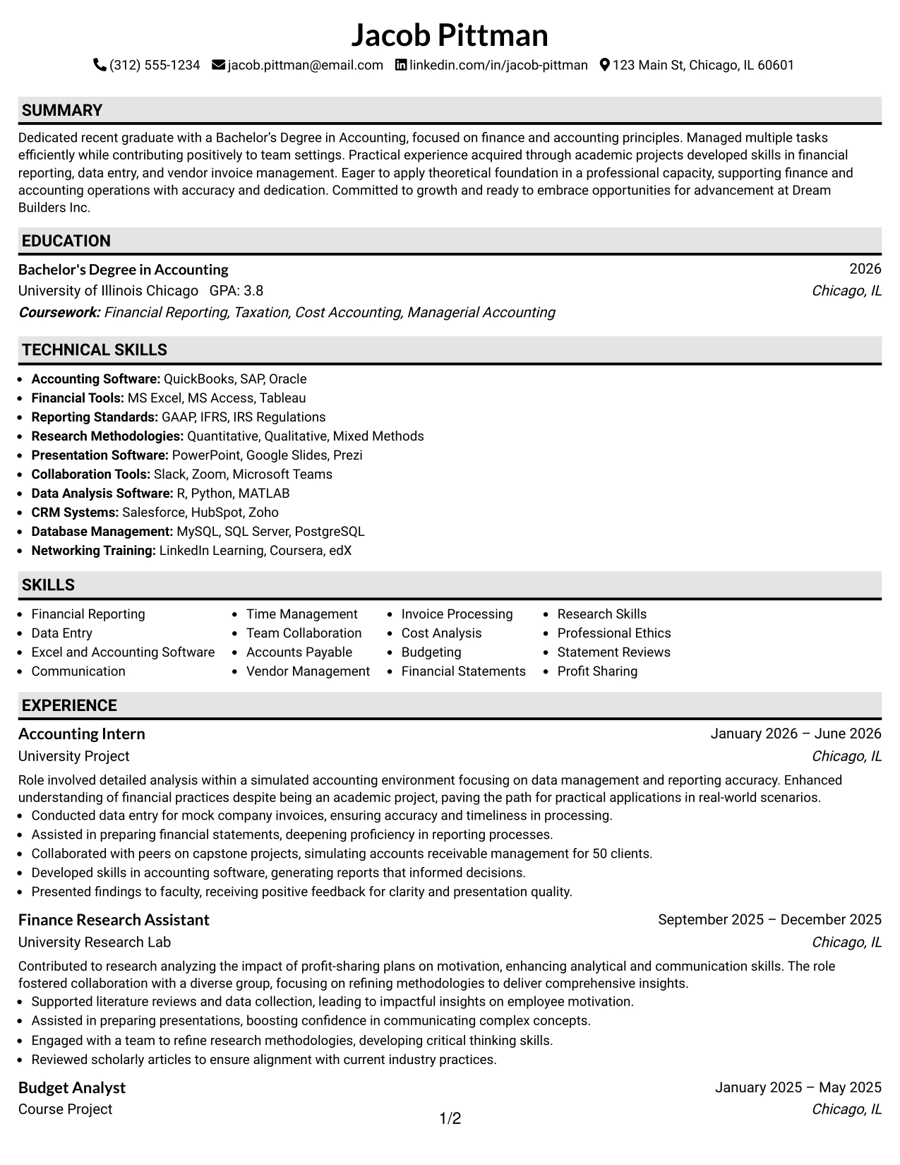 Resume Example Page 1