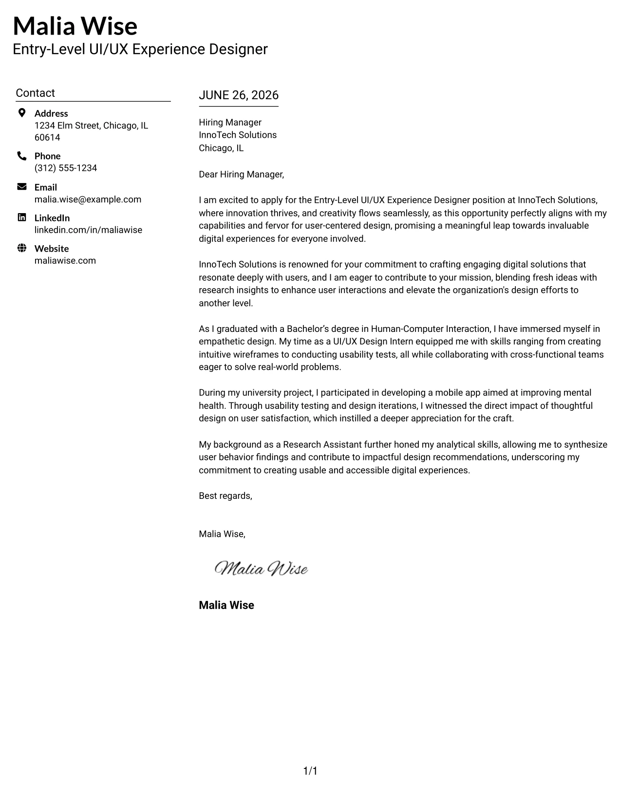 Resume Example Page 1