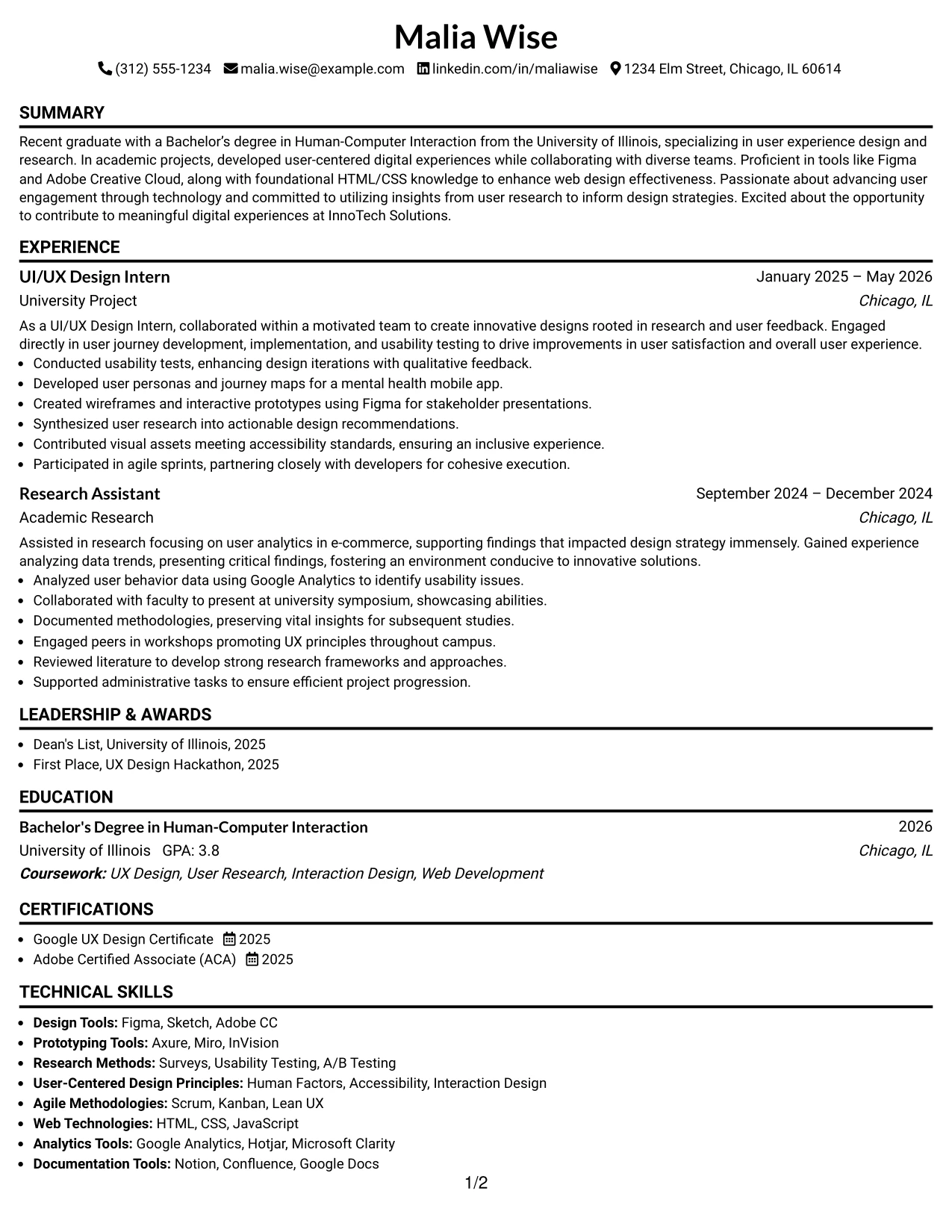 Resume Example Page 1