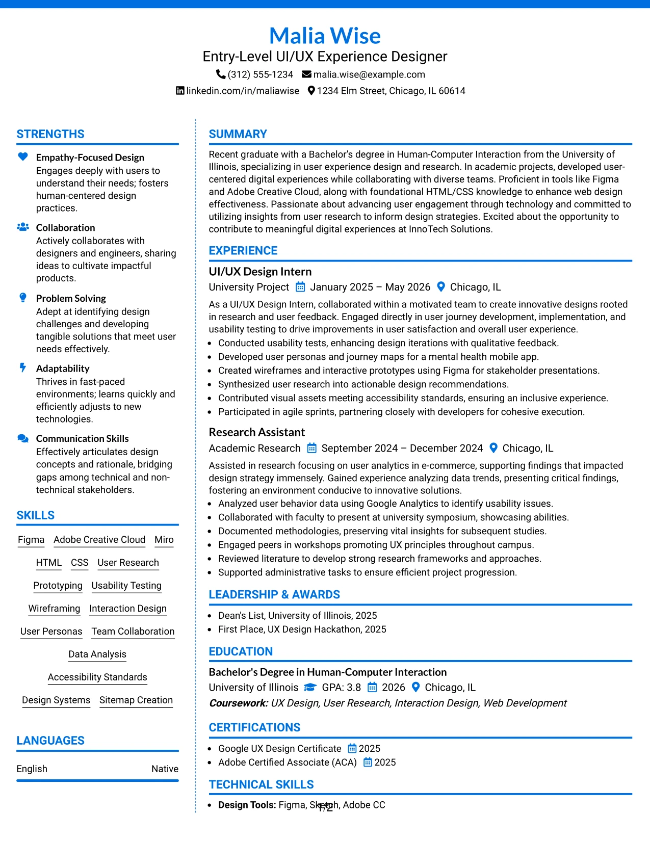 Resume Example Page 1