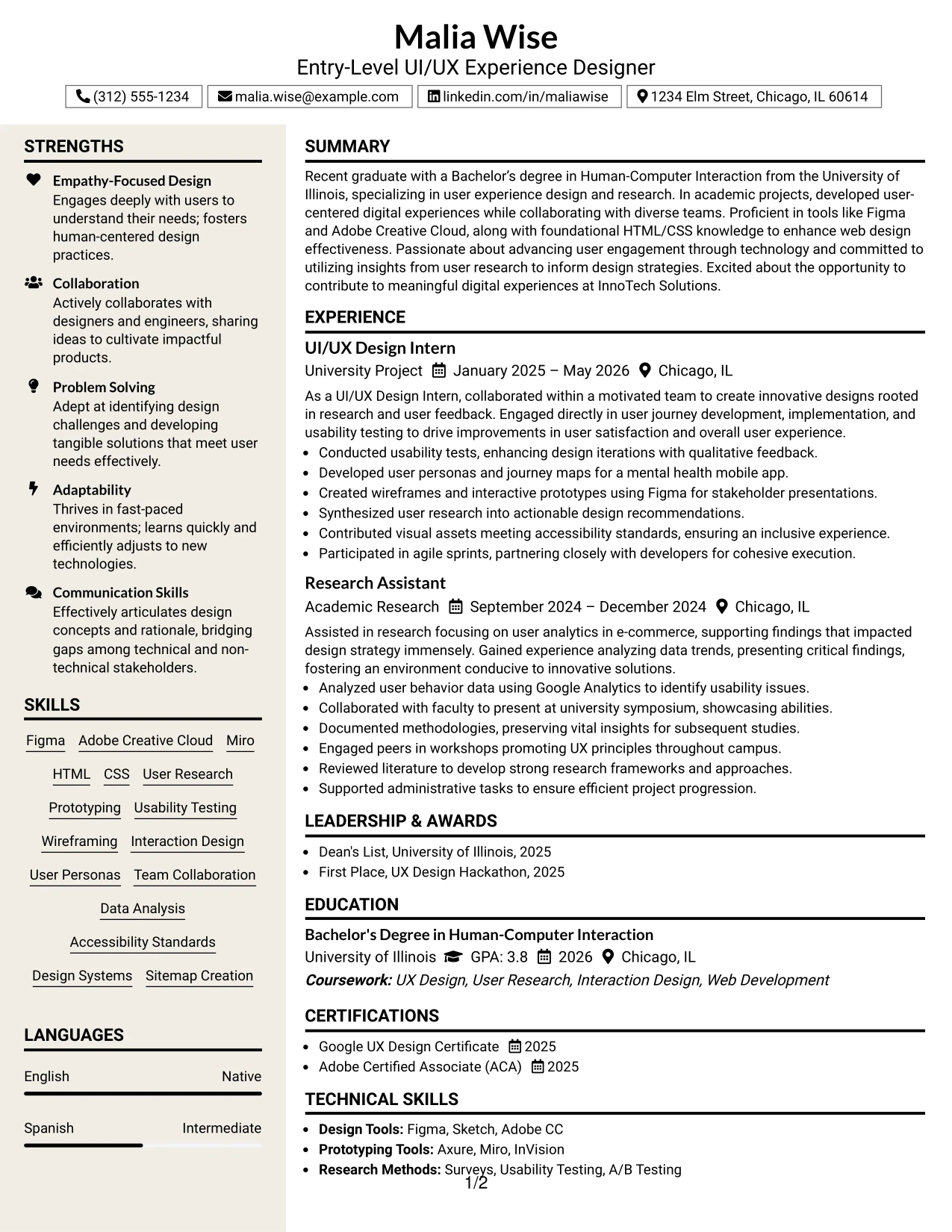Resume Example Page 1