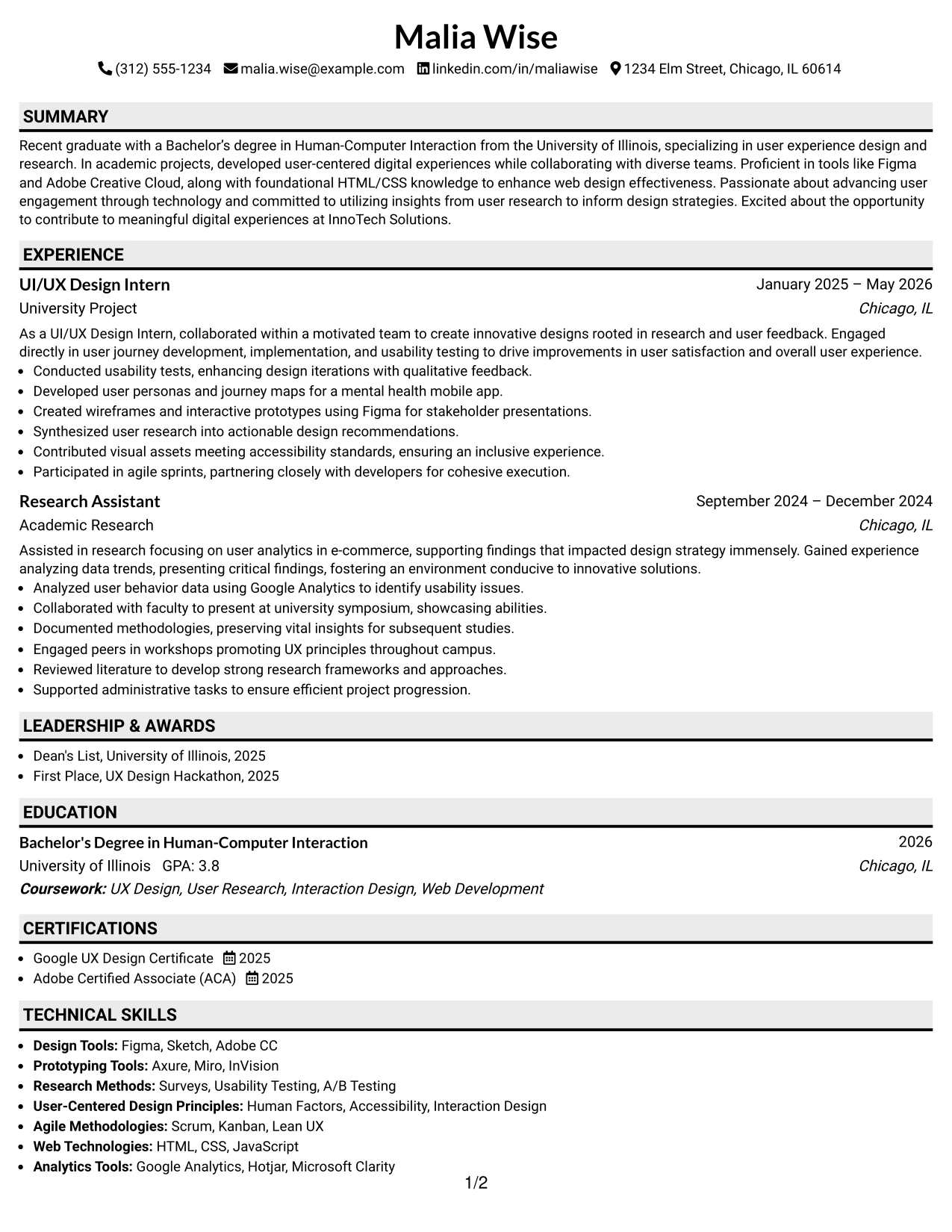Resume Example Page 1