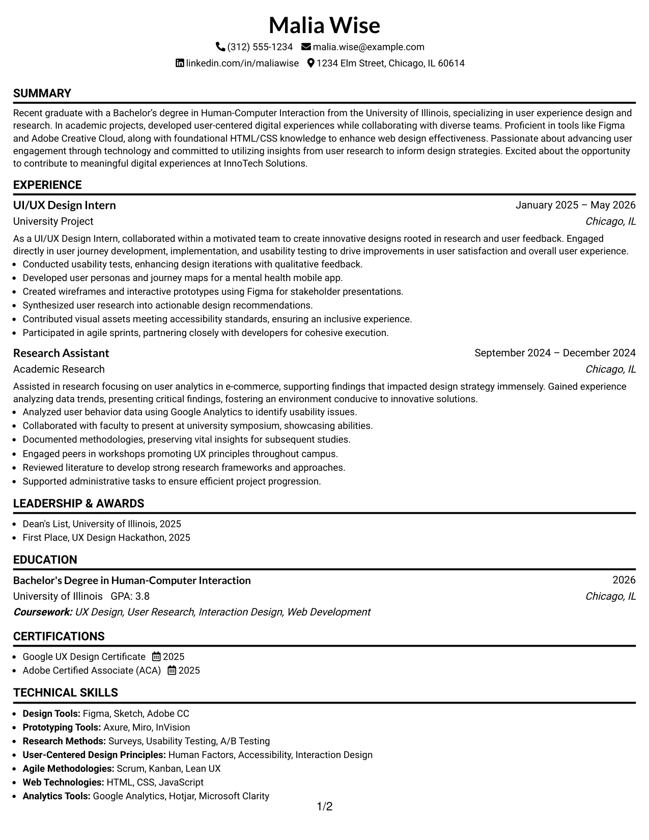 Resume Example Page 1
