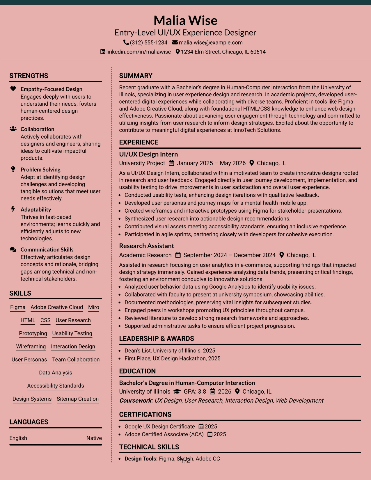 Resume Example Page 1