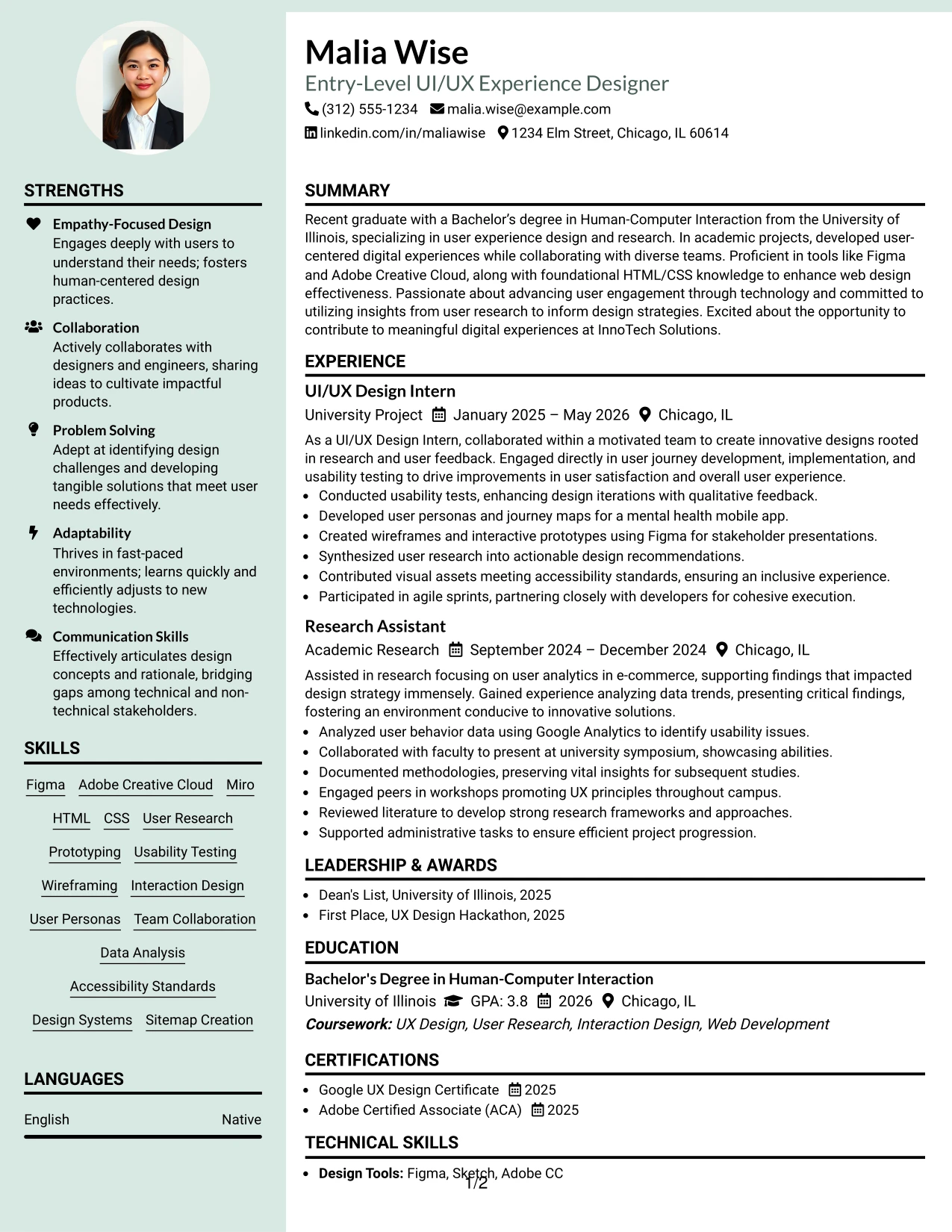Resume Example Page 1