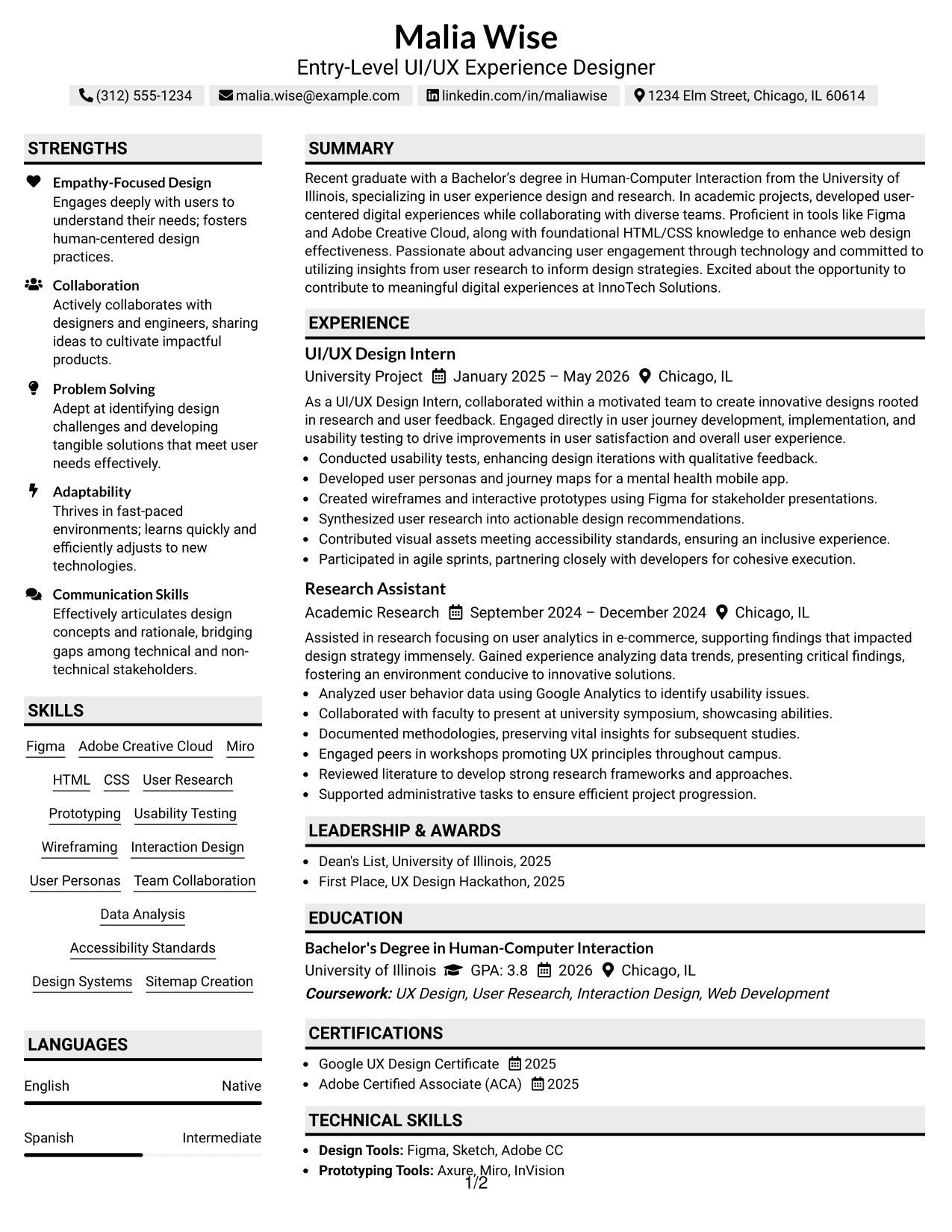 Resume Example Page 1