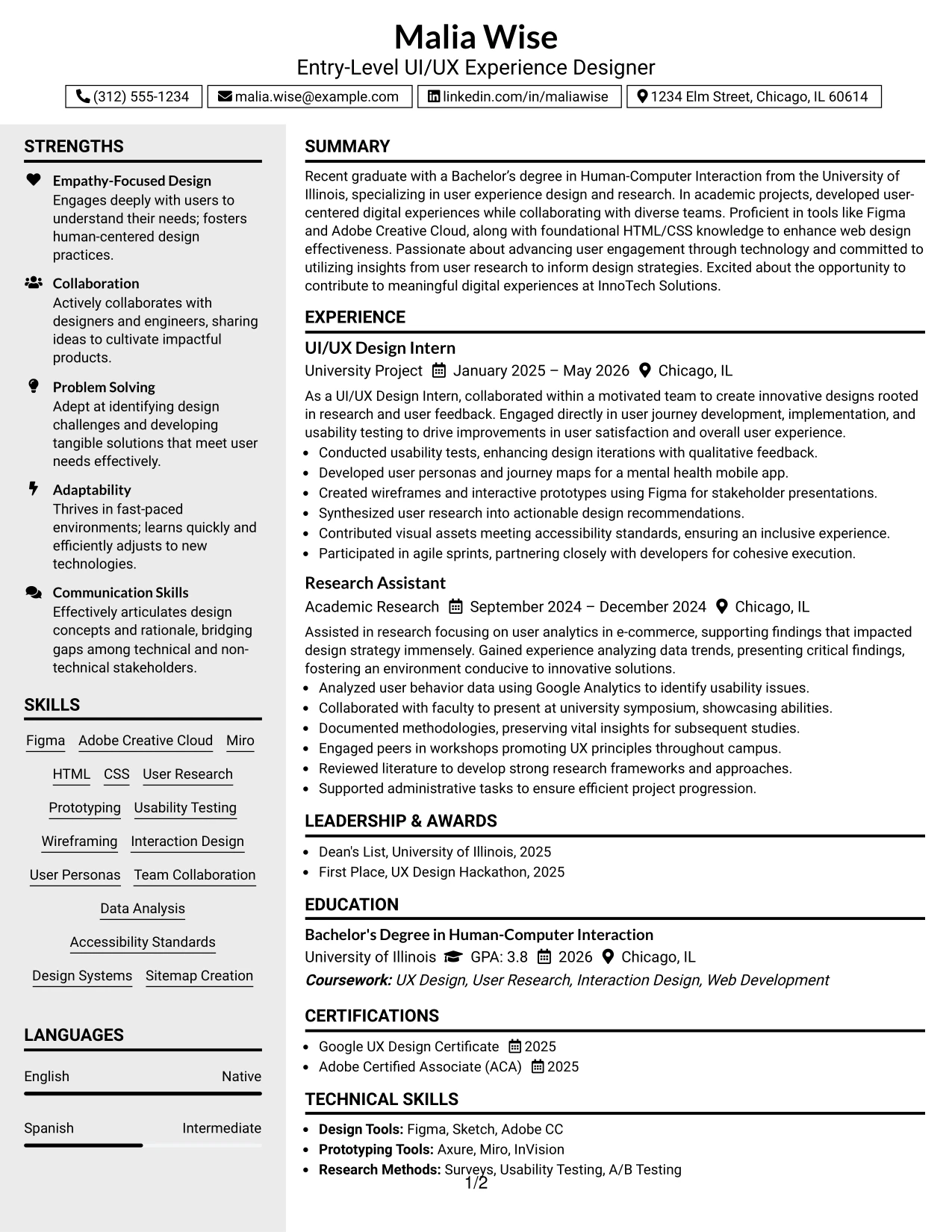 Resume Example Page 1