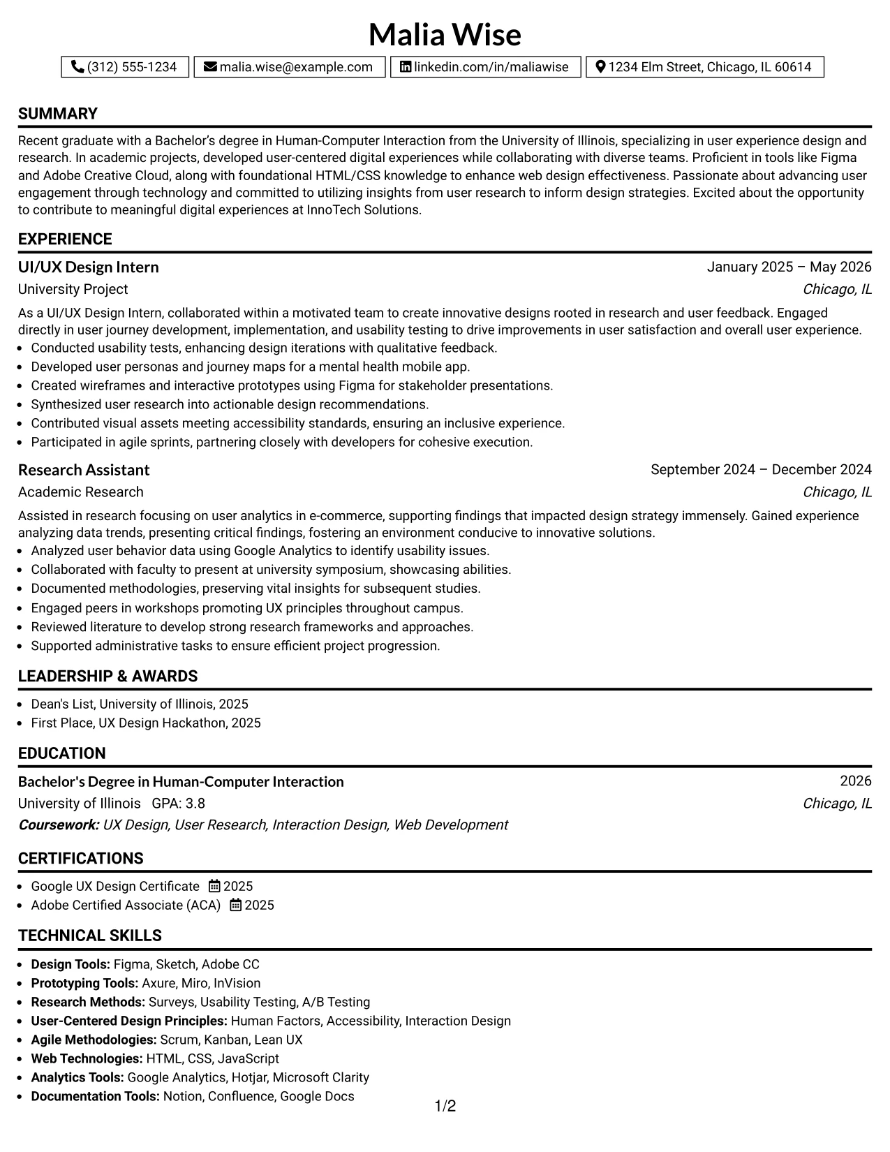 Resume Example Page 1