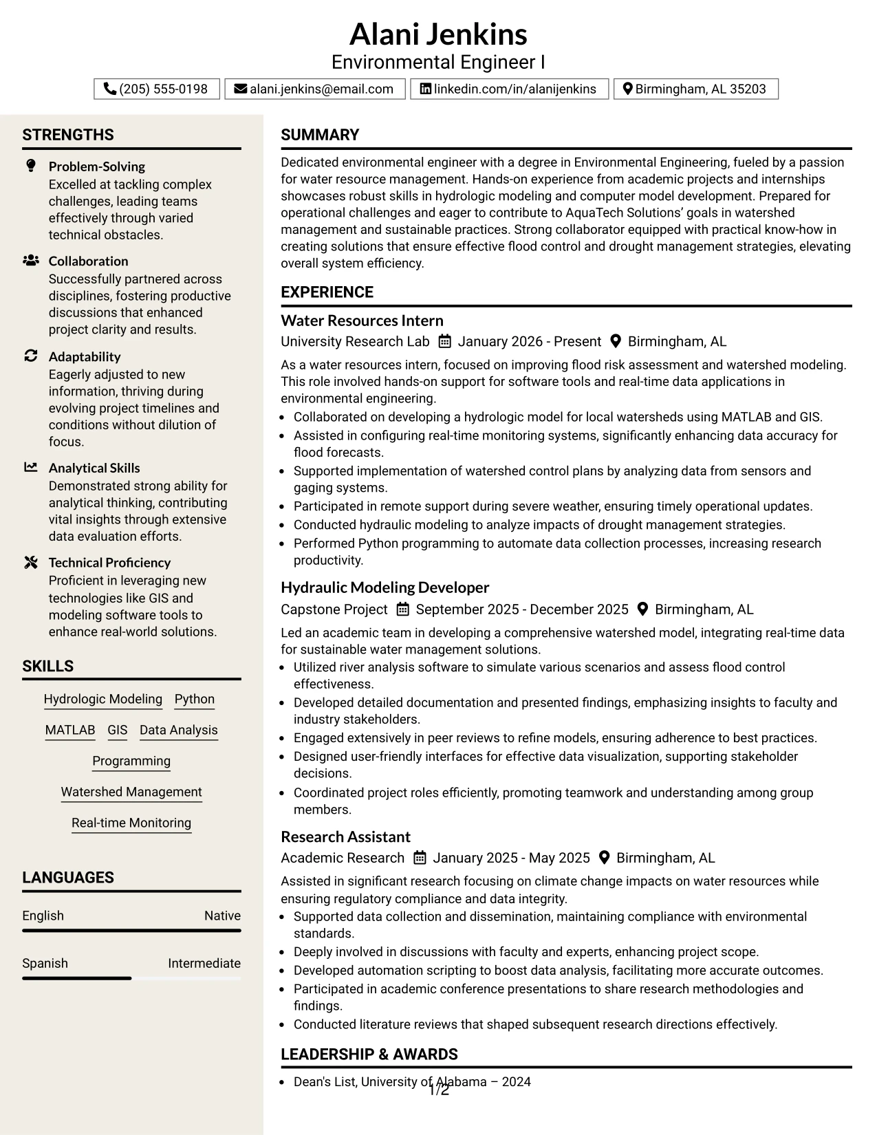 Resume Example Page 1