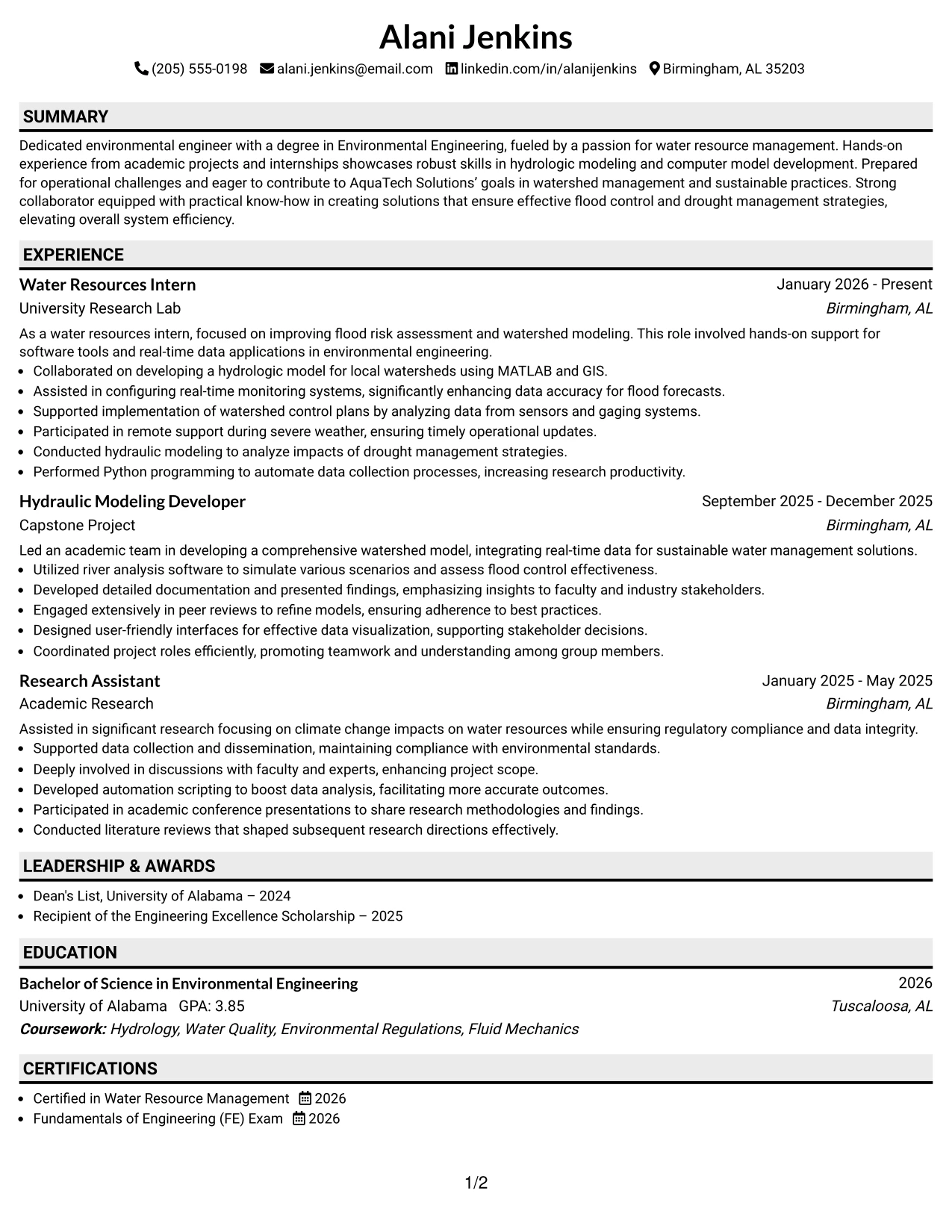 Resume Example Page 1