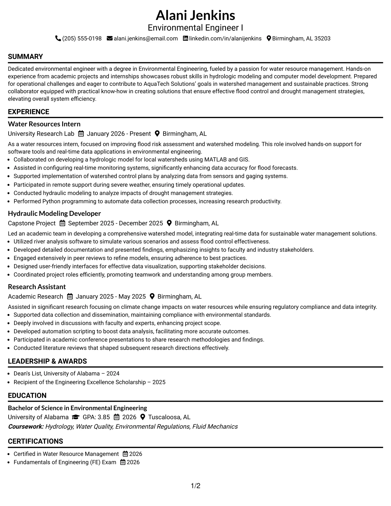 Resume Example Page 1